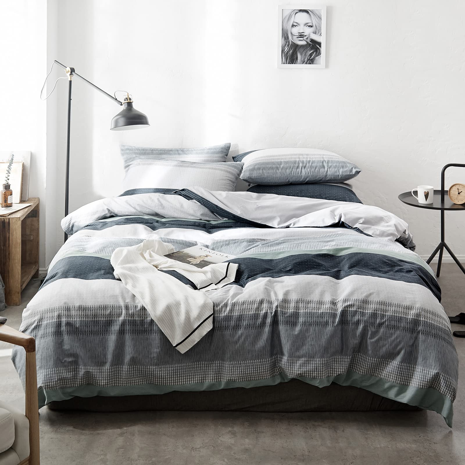 VM VOUGEMARKET Striped Duvet Cover Full,3 Pieces Blue Gray Duvet Cover Sets-100% Cotton Modern Simple Comforter Cover with Zippe