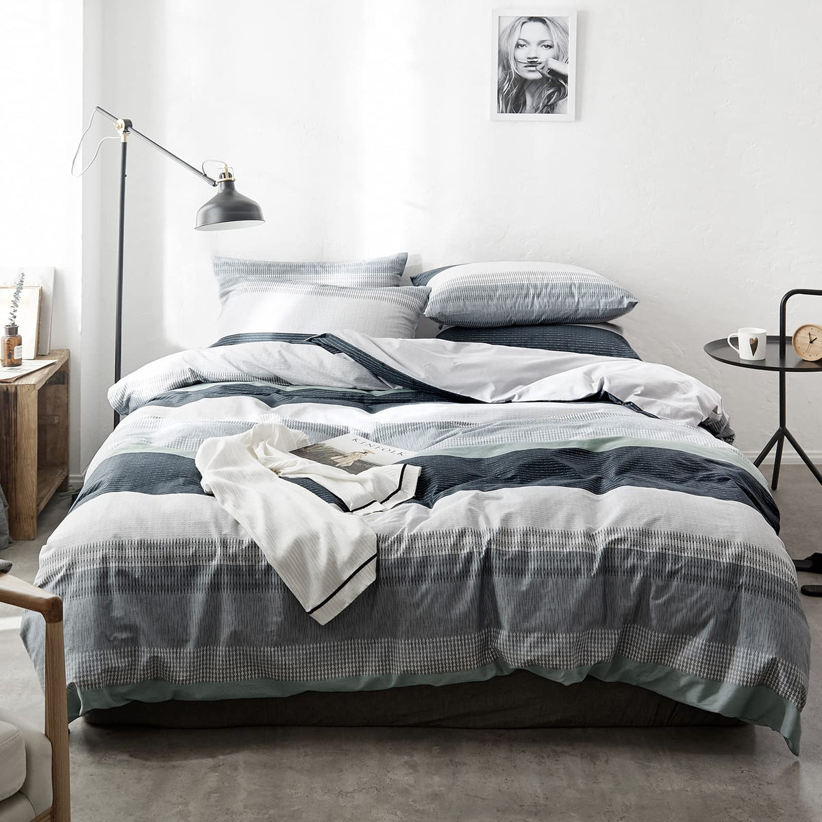 Vm Vougemarket Striped Bedding Duvet Cover Set King,3 Pieces Gray Blue Duvet Cover Sets,100% Cotton Modern Simple Comforter Cove