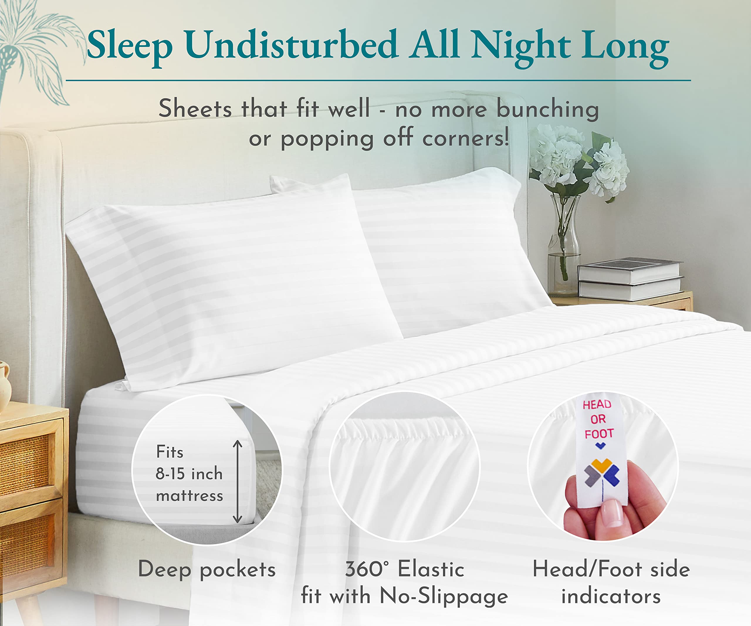 California Design Den 3 Piece Twin Size Sheet Set - 100% Cotton 500 Thread Count, Cooling Deep Pocket Bed Sheets With Fitted Elastic Sheet, Extra Soft Luxury Hotel Quality - Striped Bright White