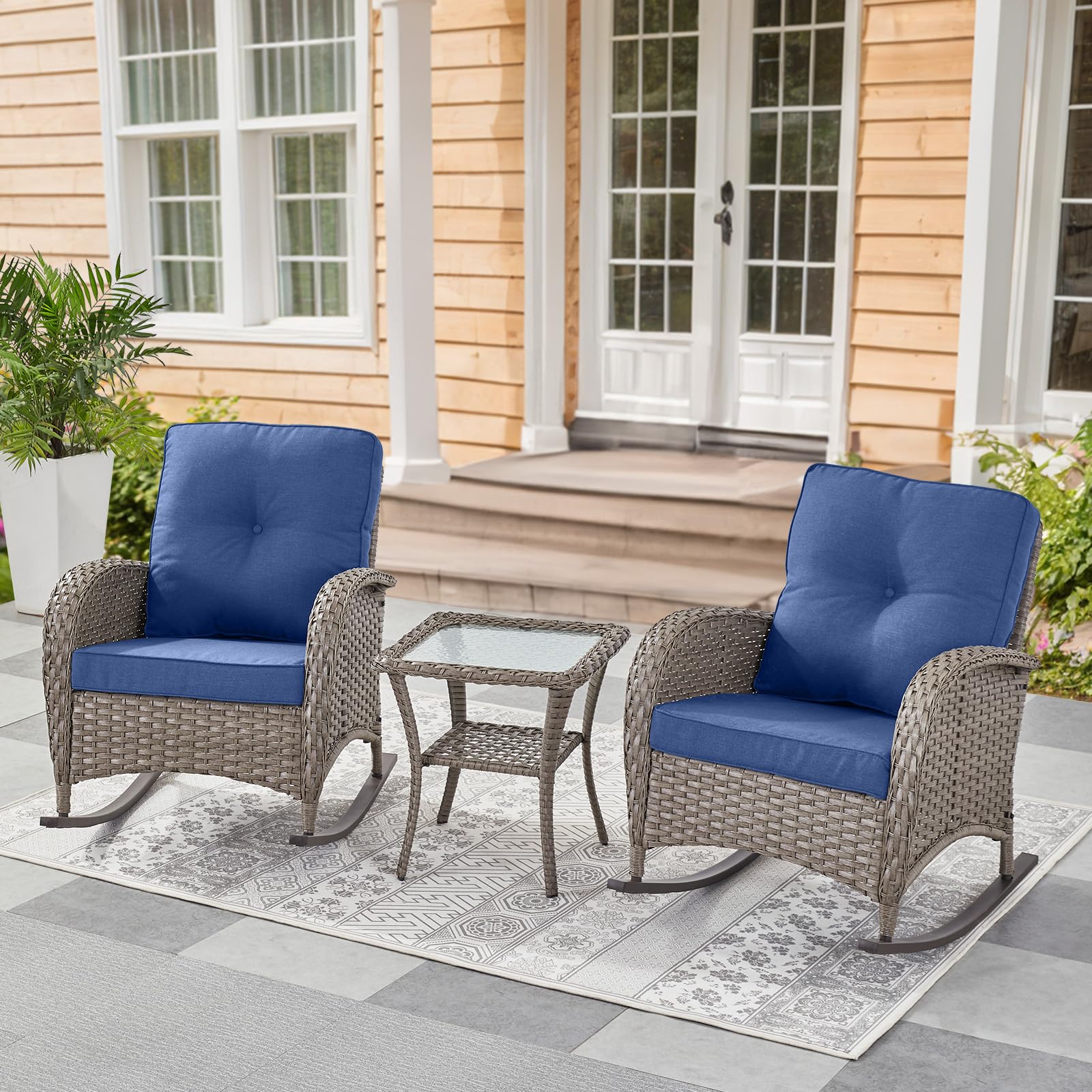Belord Patio Rocking Chairs Wicker Set - Outdoor Rocking Chairs Set Of 2 With Side Table, 3 Piece Patio Rocker Furniture Set With Water-Resistant Cushions For Porch Balcony Backyard