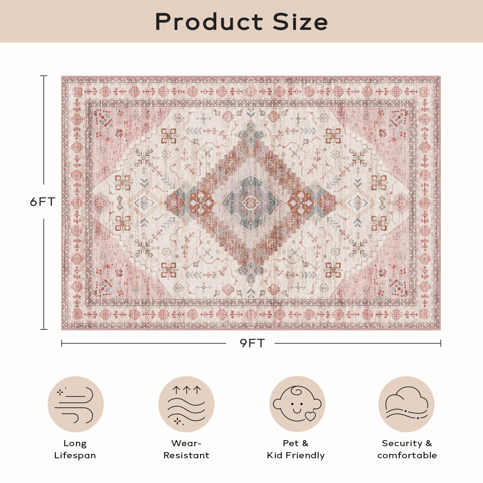 Ashler Boho Rug, 6X9 Area Rugs, Vintage Rugs, Large Area Rug, Rugs For Living Room, Bedroom, Kitchen, Dinner, Blush/Beige Home D
