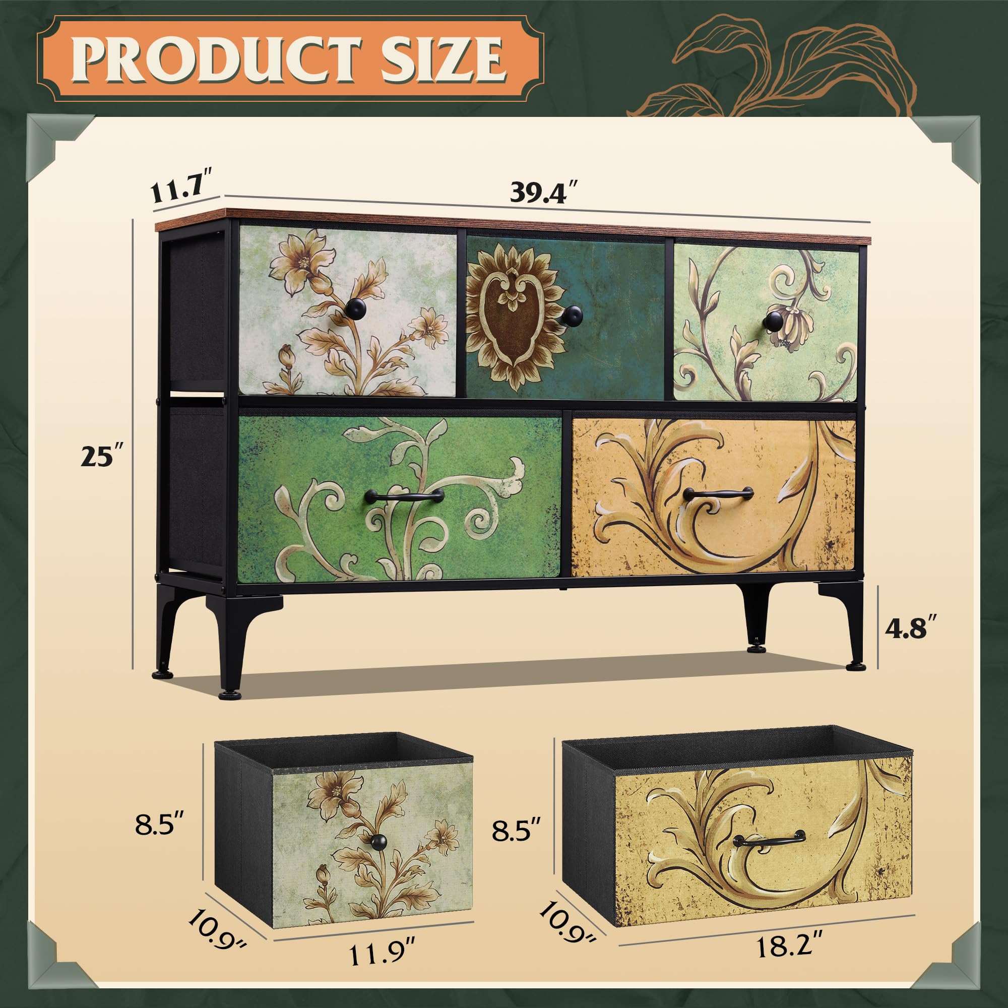 Wlive Dresser For Bedroom With 5 Drawers, Wide Chest Of Drawers, Fabric Dresser, Storage Organizer Unit With Fabric Bins For Closet, Living Room, Hallway, Floral Painted