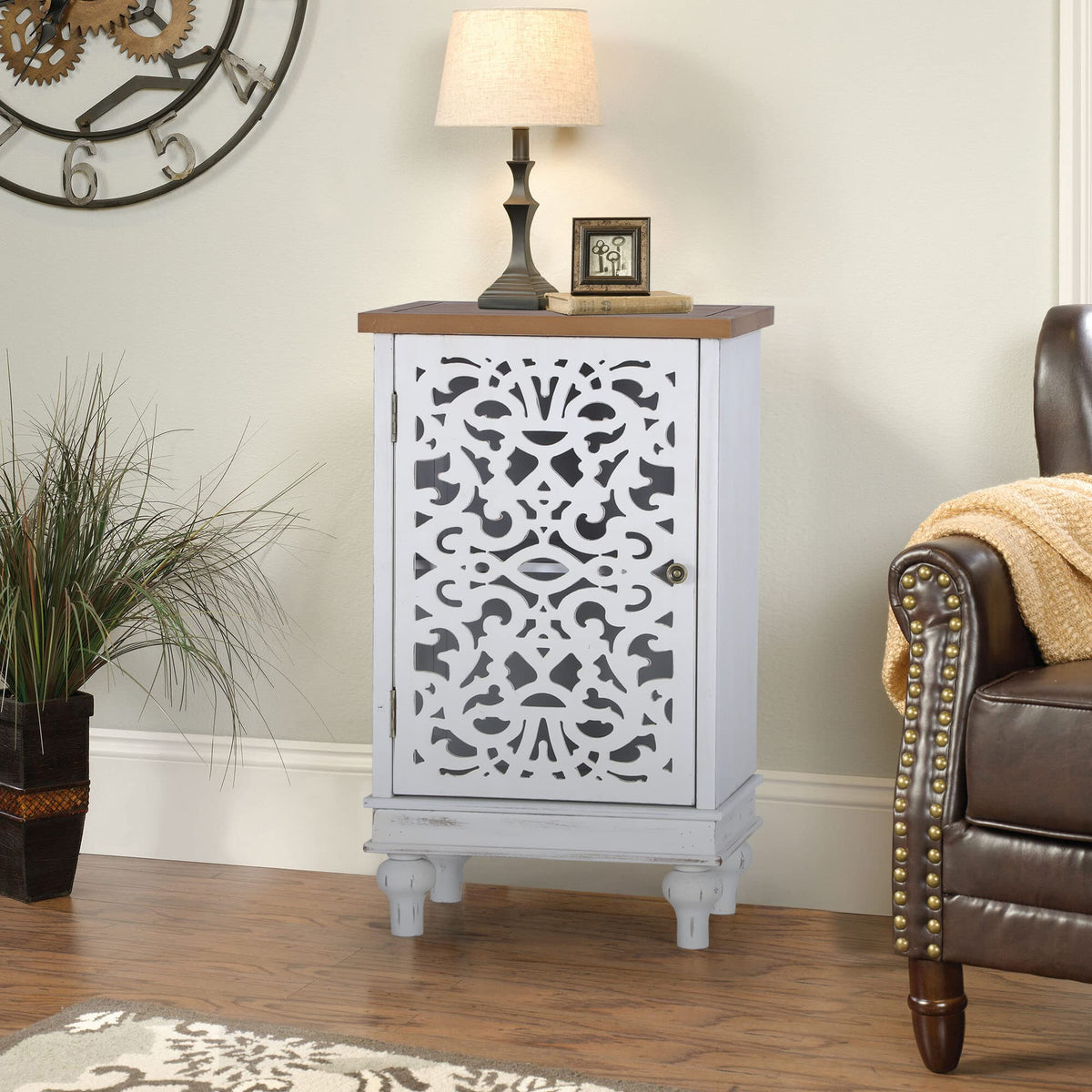 Sophia & William Accent Cabinet Small With Single Door, 31.5' Tall Side End Table, Distressed Nightstand With Wooden Frame And Hollow Carved Door, White, 1-Door