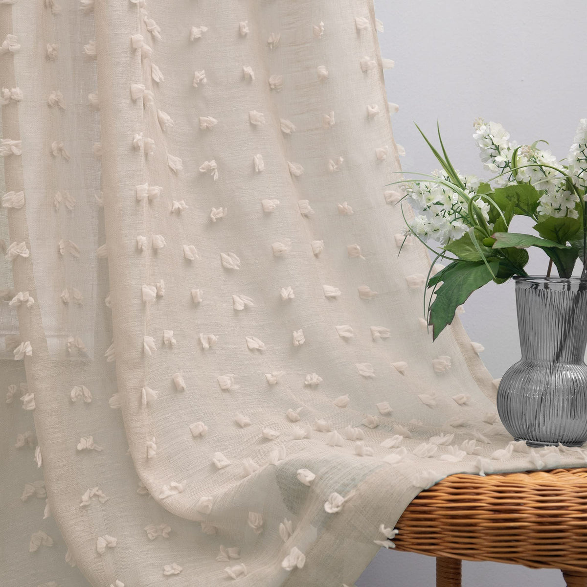 Koufall Taupe Small Window Curtain For Bathroom,Boho Pom Pom Textured Earthy Neutral Semi Sheer Short Curtains For Kitchen,52 By