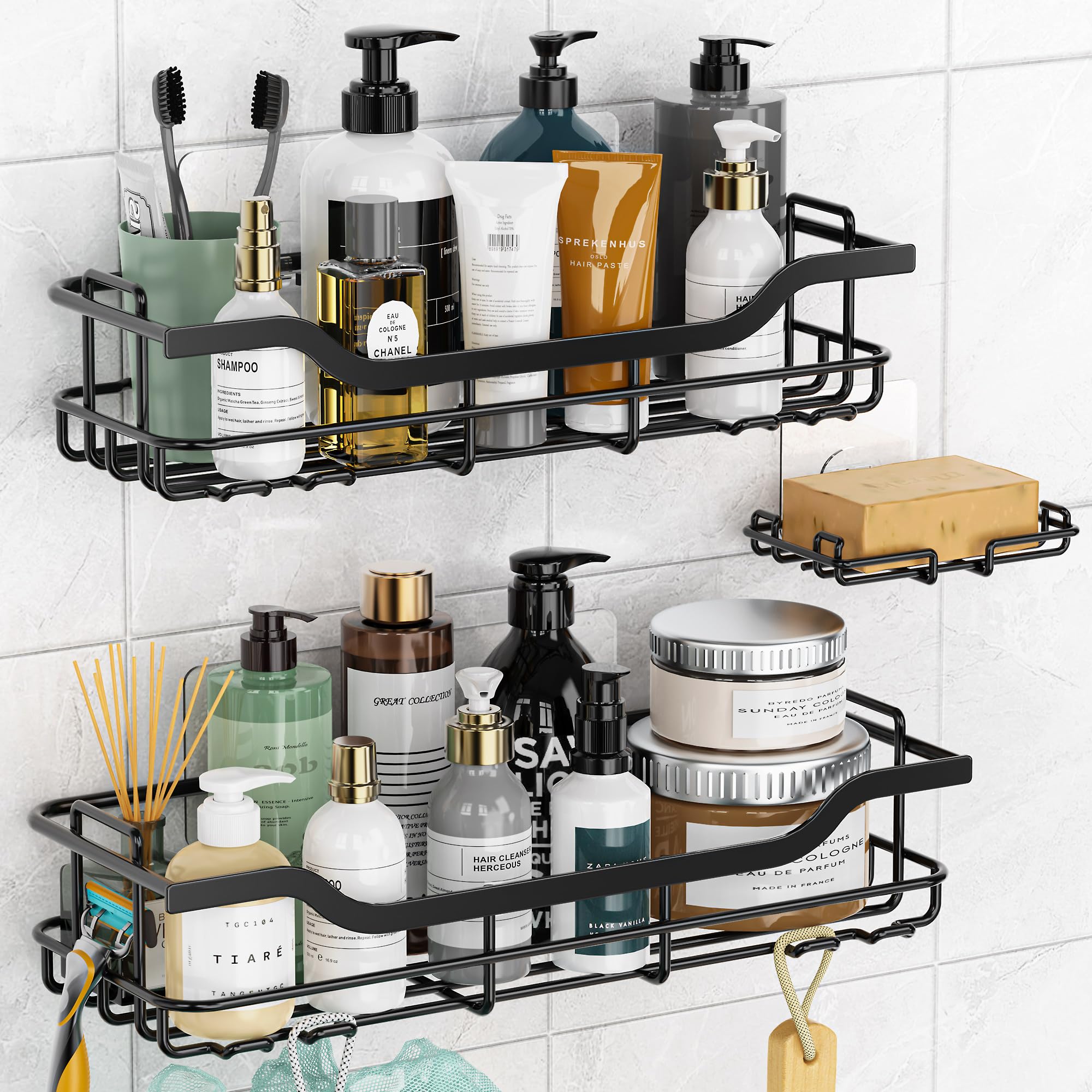 Shower Caddy Rack 3-Pack, Adhesive Shower Wall Organizer Shampoo Basket Holder with Soap Holder, Rustproof No Drilling Shower Sh