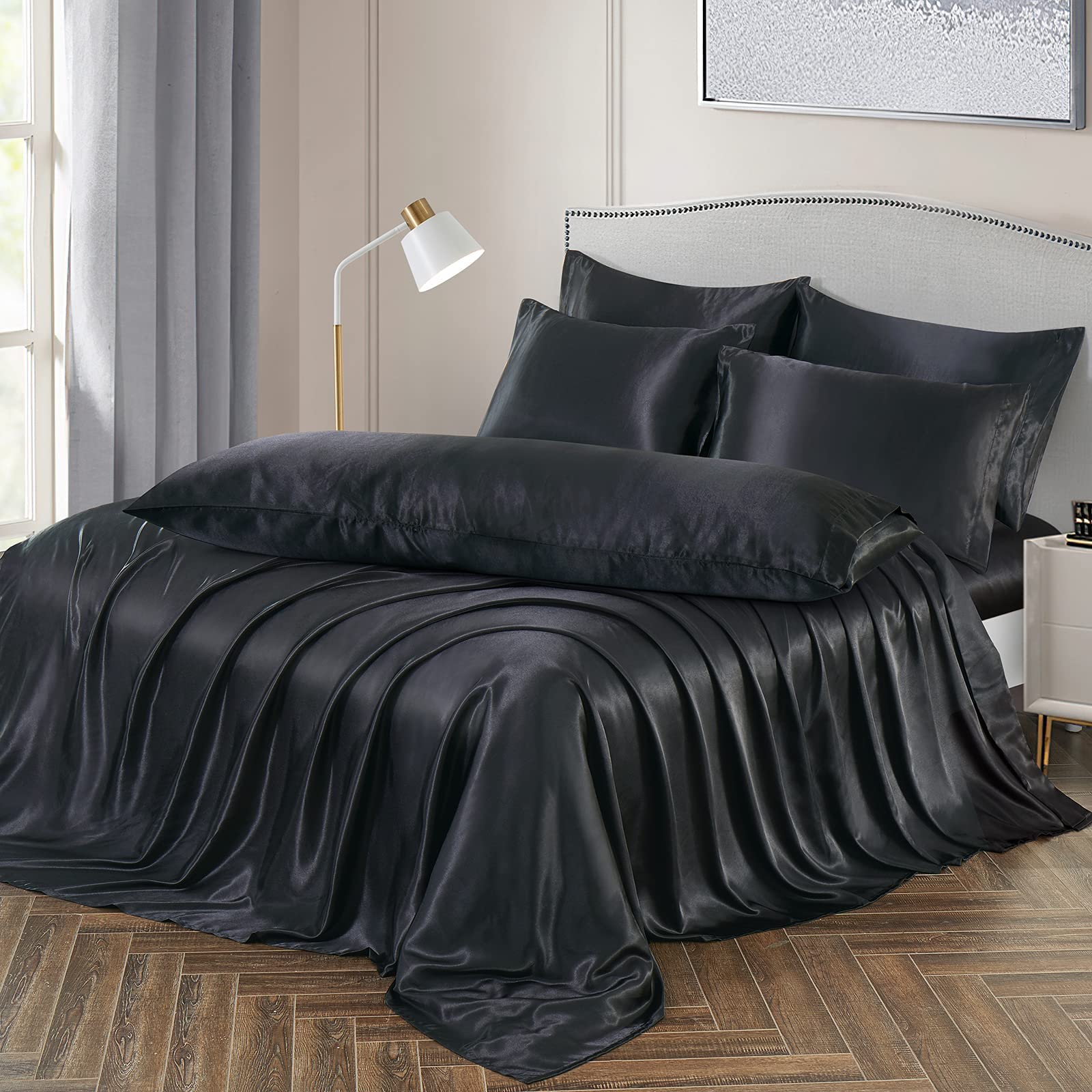 Ersmak 7 Pieces Satin Sheets Set Full Size, Luxury Silky Black Satin Bed Sheets Set With 1 Deep Pocket Fitted Sheet, 1 Soft Flat