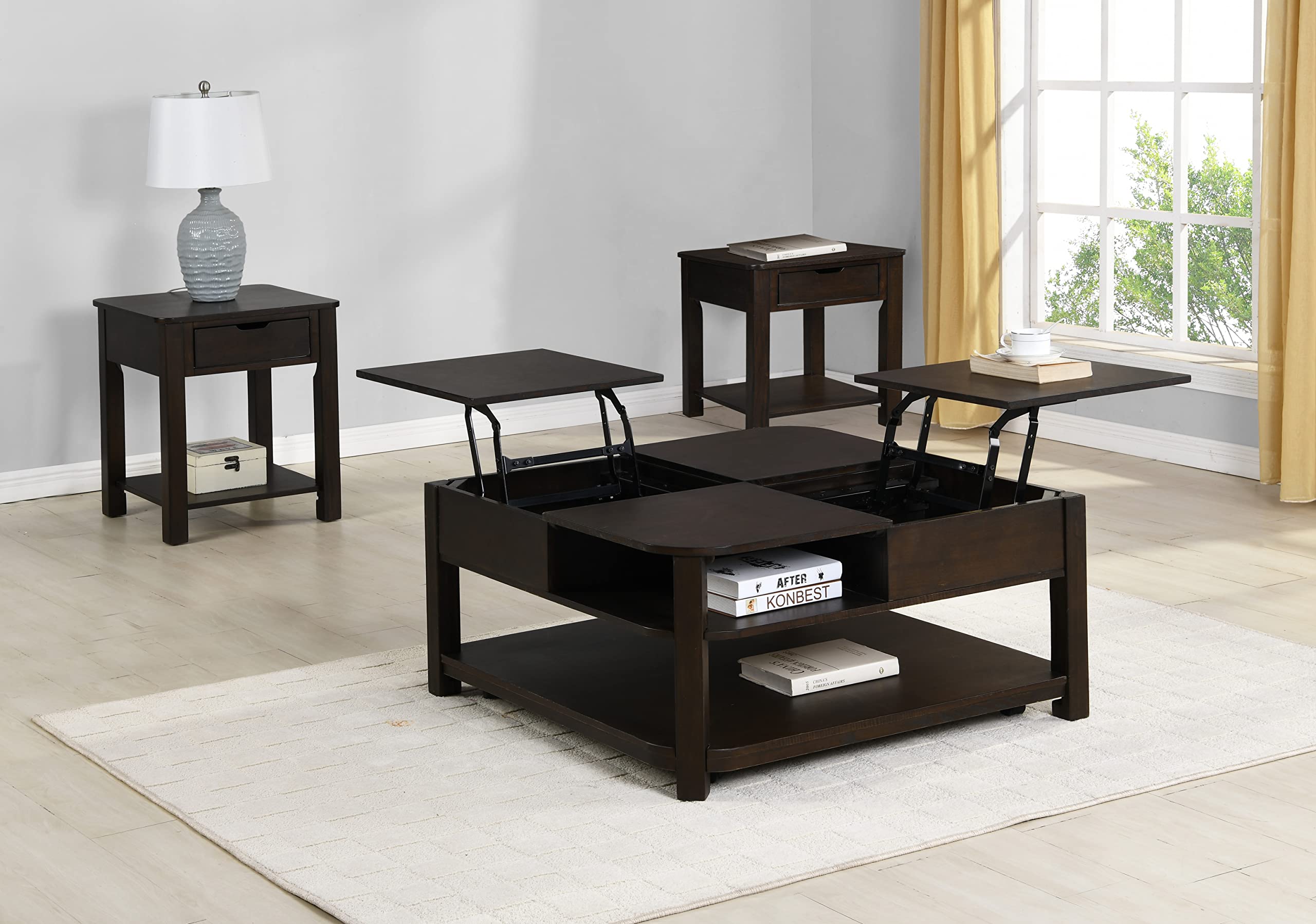 Lilola Home Flora 3 Piece Dark Brown MDF Lift Top Coffee and End Table Set - Thumbnail 5