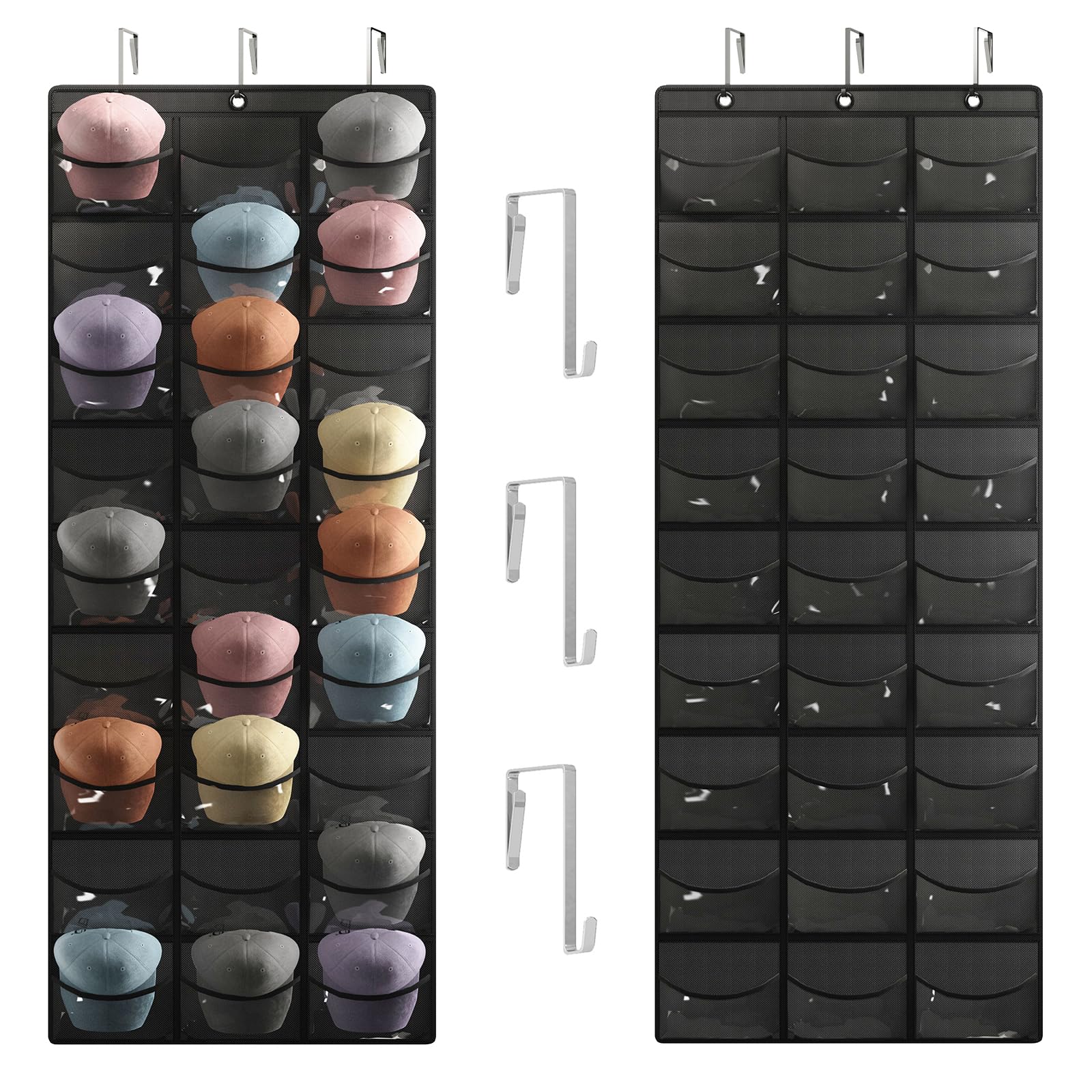 Fixwal Baseball Hat Rack, 27 Pocket Over The Door Cap Organizer Cap Hat Holder Hanger For Closet With Large Clear Pockets & 3 Ho