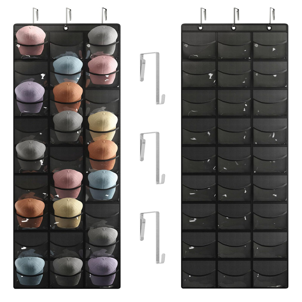 Fixwal Baseball Hat Rack, 27 Pocket Over The Door Cap Organizer Cap Hat Holder Hanger For Closet With Large Clear Pockets & 3 Ho