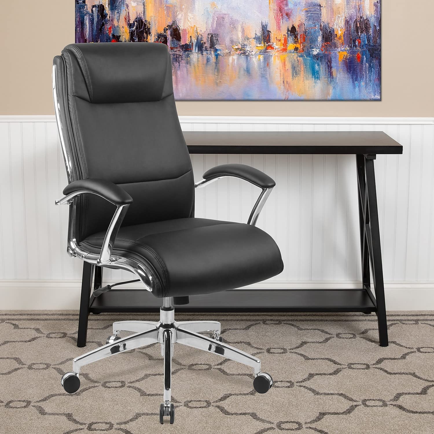 Flash Furniture Rebecca High Back Designer Black Leathersoft Smooth Upholstered Executive Swivel Office Chair With Chrome Base And Arms