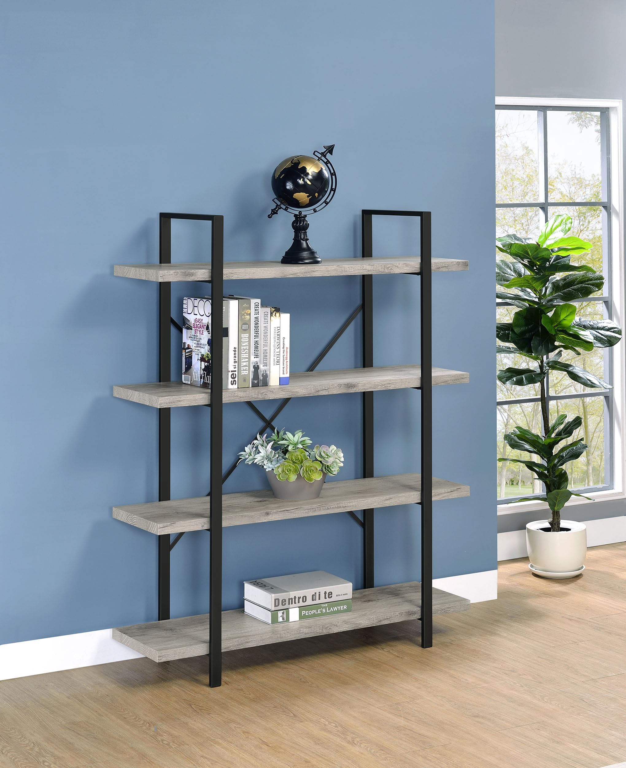 Coaster Home Furnishings Cole 55-inch 4-Shelf Bookshelf Grey Driftwood and Gunmetal