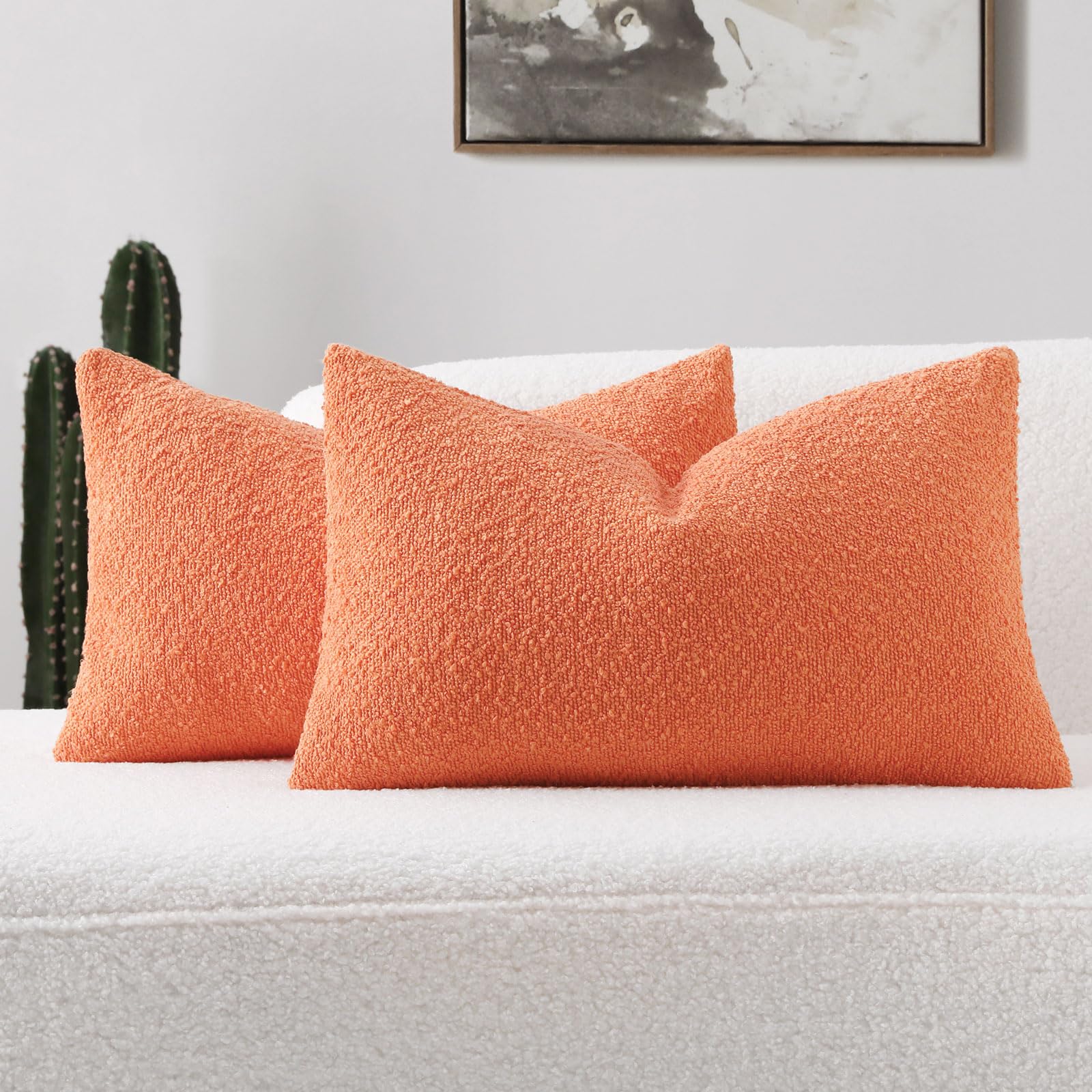 Futei Pack Of 2 Orange Boucle Accent Decorative Throw Pillow Covers,12X20 Inch Soft Solid Textured Lumbar Pillow Cases,Home Deco