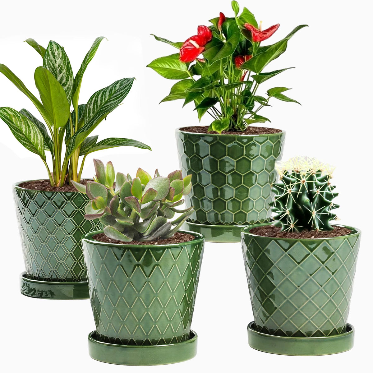 Efispss Flower Planter -5 Inch Ceramic Plant Pots With Drainage Hole And Ceramic Tray - Gardening Home Desktop Office Windowsill