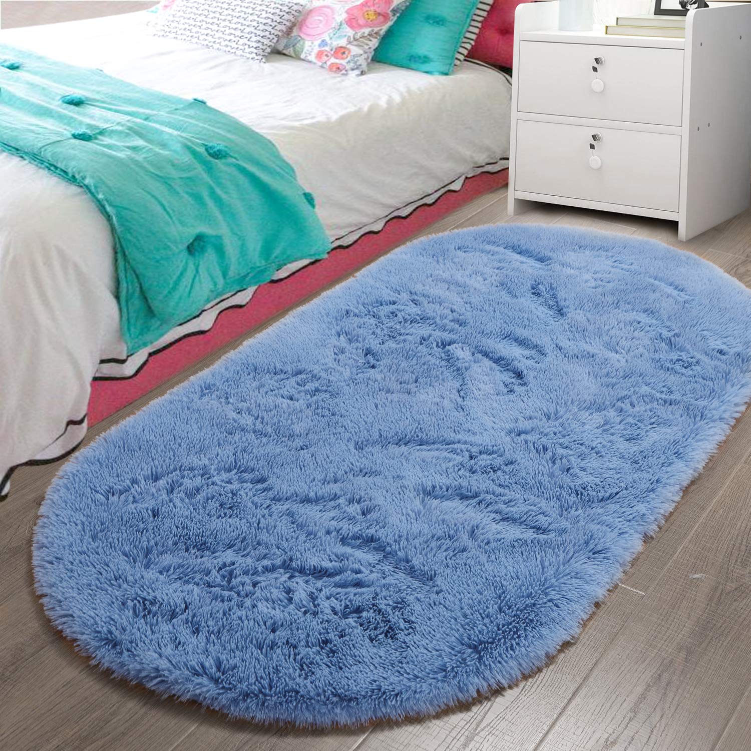 LOCHAS Fluffy Light Navy Bedroom Rug 2.6 x 5.3 Feet, Shaggy Area Rugs for Bedroom Bedside Girls Kids Room, Soft Oval Runner Rugs