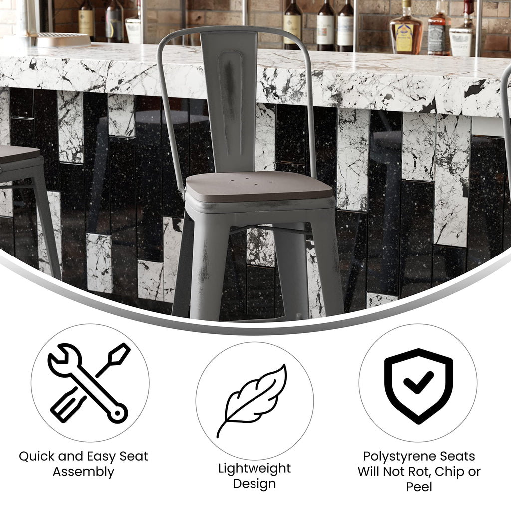 Flash Furniture Lincoln Commercial Indoor Metal Bar Stool - Clear Coated Metal Frame - Gray Polystyrene Seat - 24 Inches High - Vertical Slat Back
