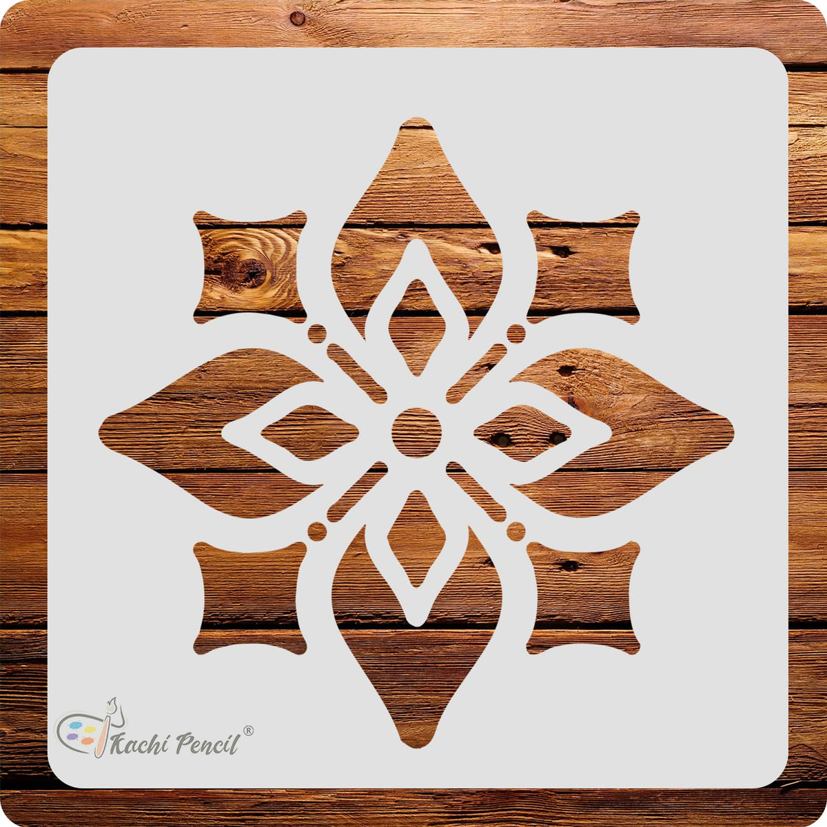 Kachi Pencil Leaf Pattern Mandala Art and Craft Stencils for Painting, Size 6 x 6 inch Reusable Stencil for Painting, Fabric, Gl