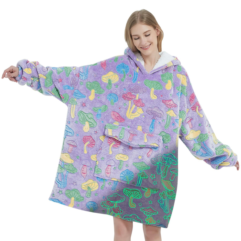Glow in The Dark Mushroom Wearable Blanket Hoodie for Adult,Oversized Sherpa Fleece Blanket Hoodie for Women Men,Wearable Blanke