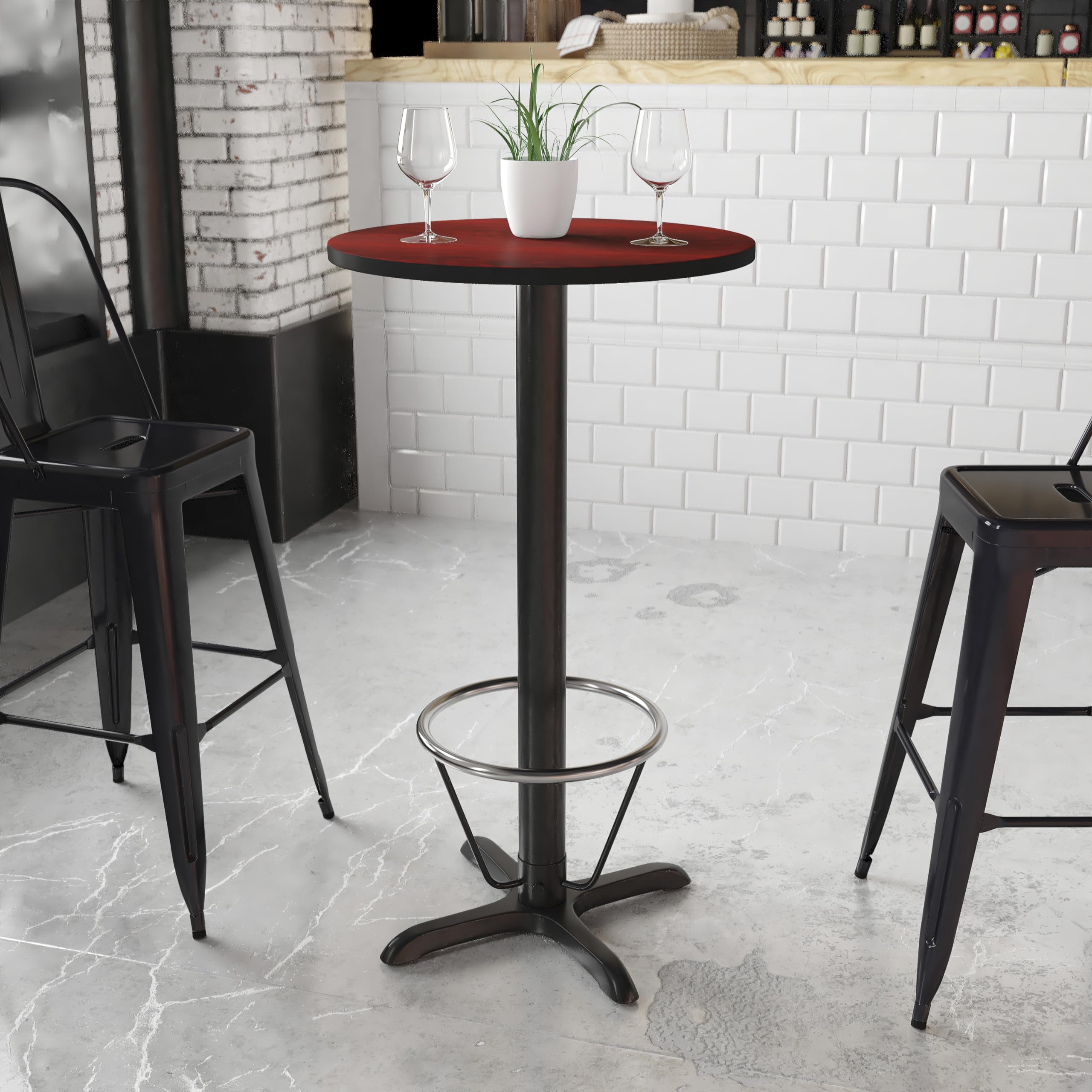 Flash Furniture 24'' Round Mahogany Laminate Table Top with 22'' x 22'' Bar Height Table Base and Foot Ring