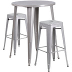 Flash Furniture Commercial Grade 30" Round Silver Metal Indoor-Outdoor Bar Table Set with 2 Square Seat Backless Stools