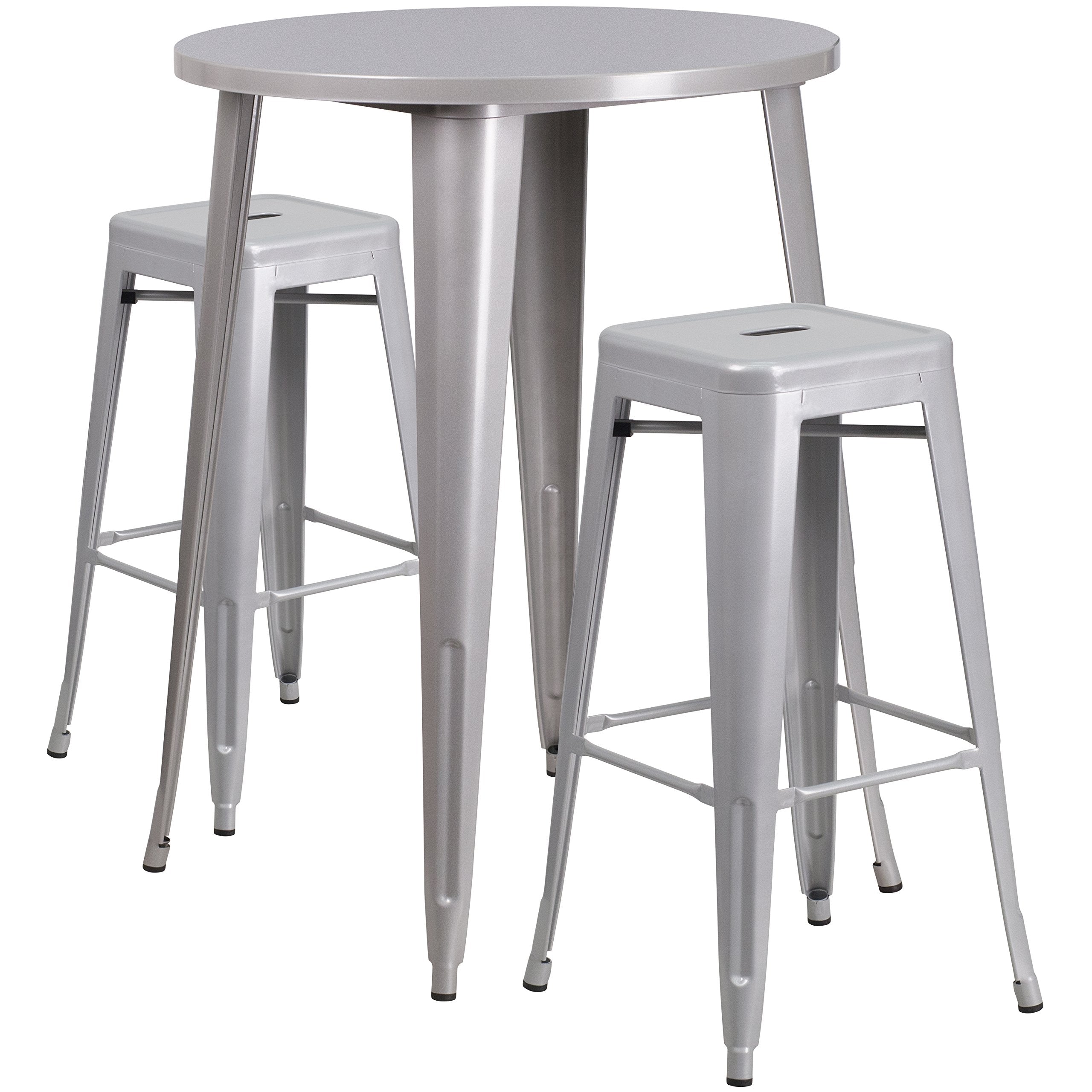 Flash Furniture Commercial Grade 30" Round Silver Metal Indoor-Outdoor Bar Table Set with 2 Square Seat Backless Stools