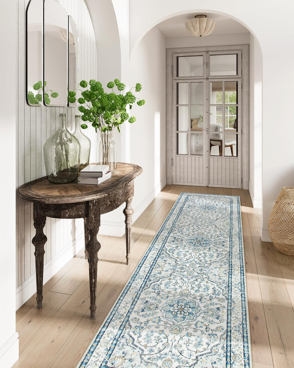 Lahome Oriental Washable Runner Rugs,2.5X8 Long Blue Bathroom Carpet Runner Non-Slip,Boho Kitchen Runner Rugs Non Skid Washable,