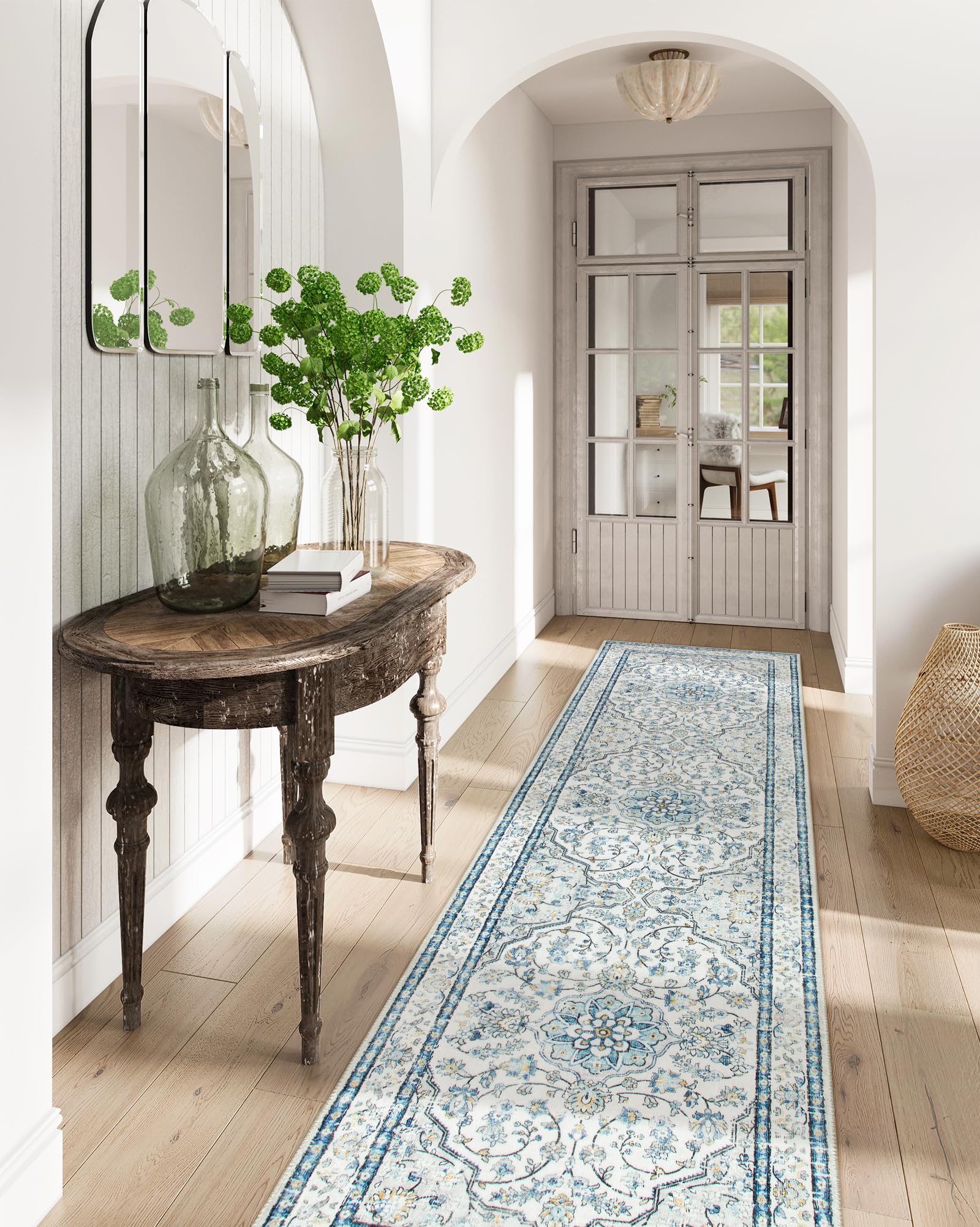 Lahome Oriental Washable Runner Rugs,2.5X8 Long Blue Bathroom Carpet Runner Non-Slip,Boho Kitchen Runner Rugs Non Skid Washable,