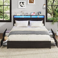 Kiivakii King Size Bed Frame with 4 Storage Drawers, LED Platform Bed with Headboard, Built in Charging Station, Noise Free, Met