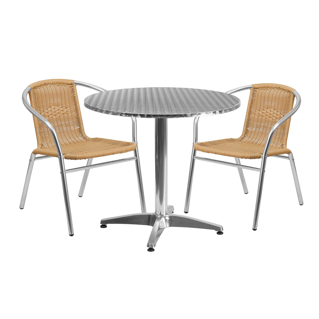 Flash Furniture Lila 31.5'' Round Aluminum Indoor-Outdoor Table Set with 2 Beige Rattan Chairs
