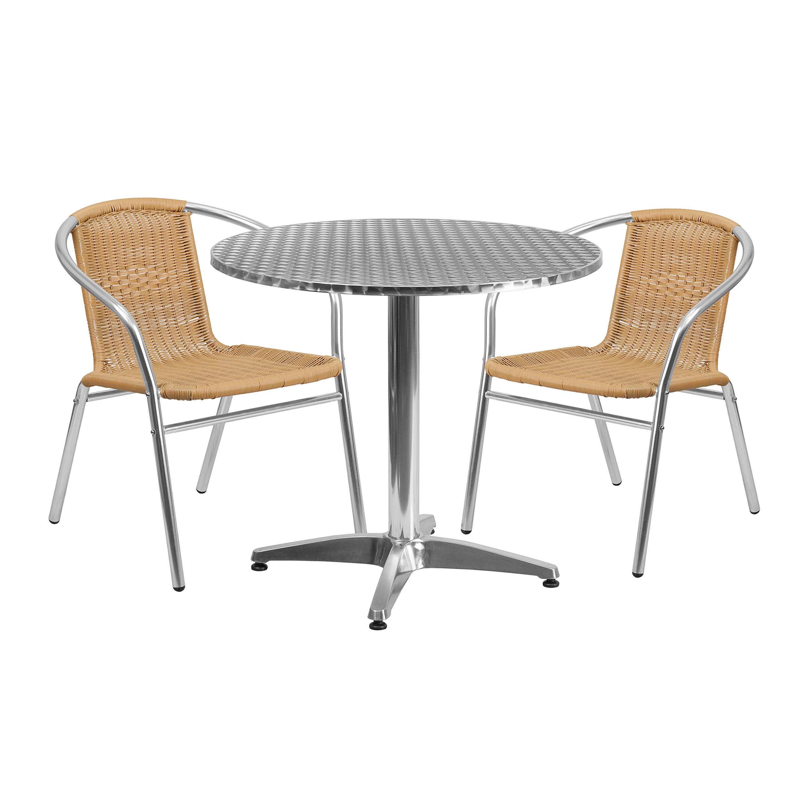 Flash Furniture Lila 31.5'' Round Aluminum Indoor-Outdoor Table Set with 2 Beige Rattan Chairs