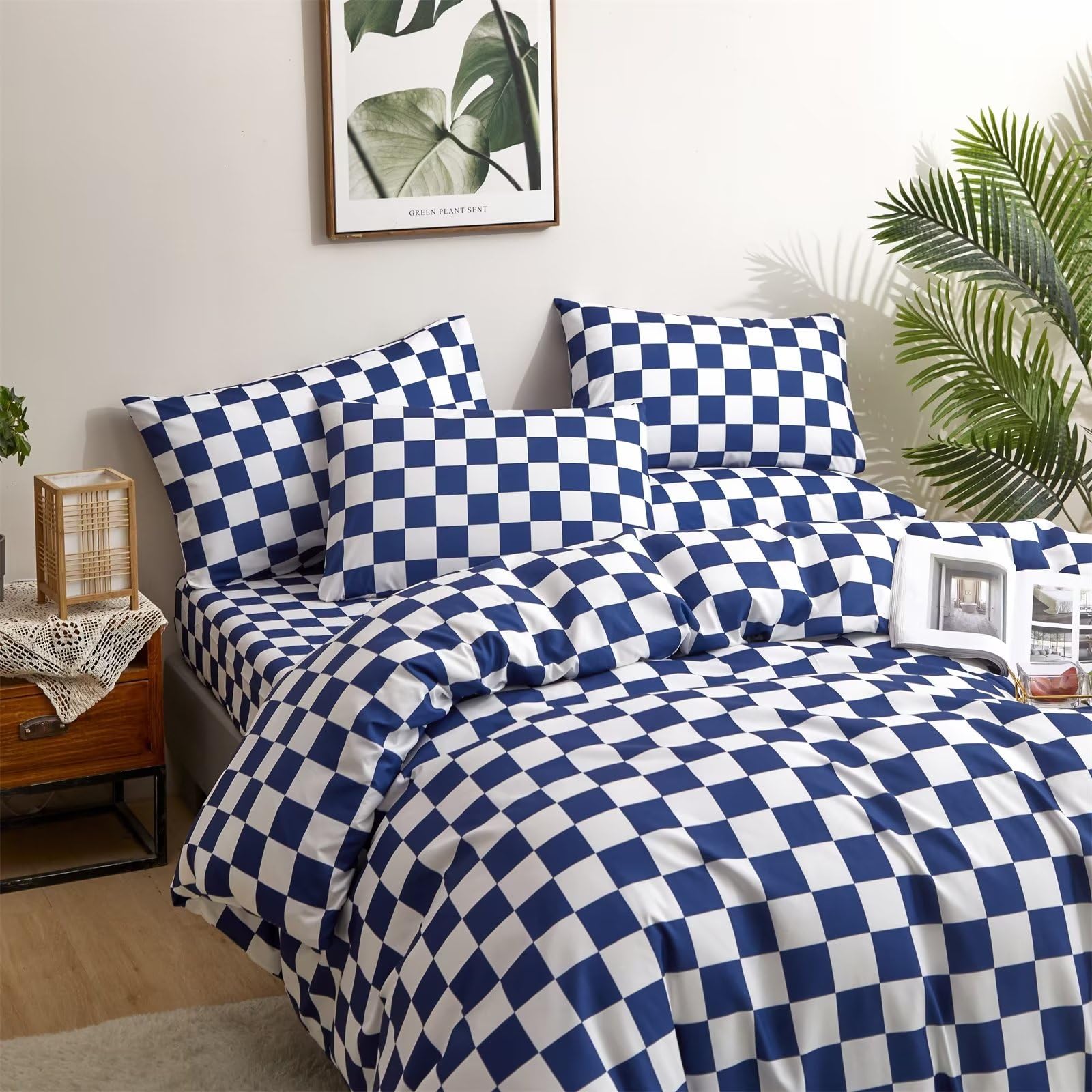 Houseri Royal Blue Comforter Set Queen White And Blue Buffalo Plaid Bedding Comforters Queen Size Women Men Elegant Dark Sea Blu