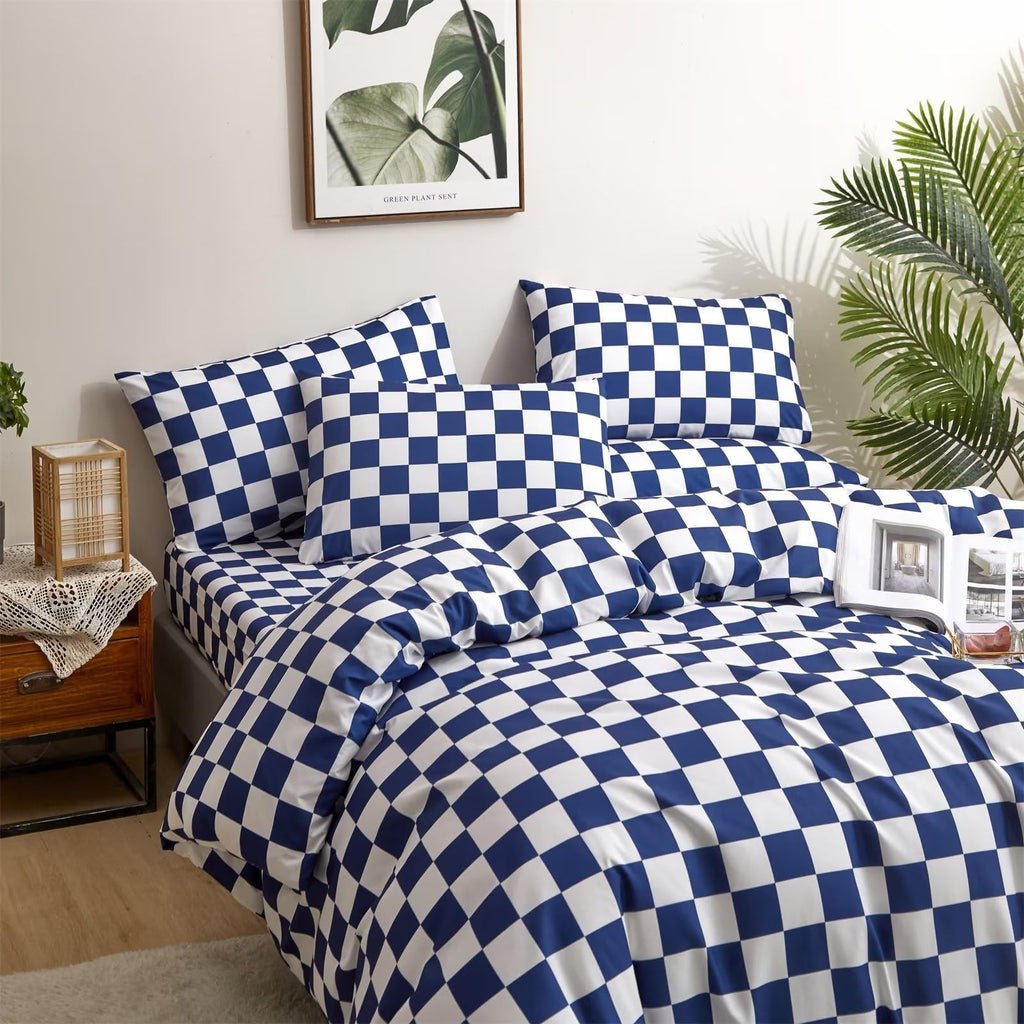 Houseri Royal Blue Plaid Comforter Set Full White And Blue Checkerboard Bedding Comforter Full Size Teen Boys Girls Dark Blue Ch