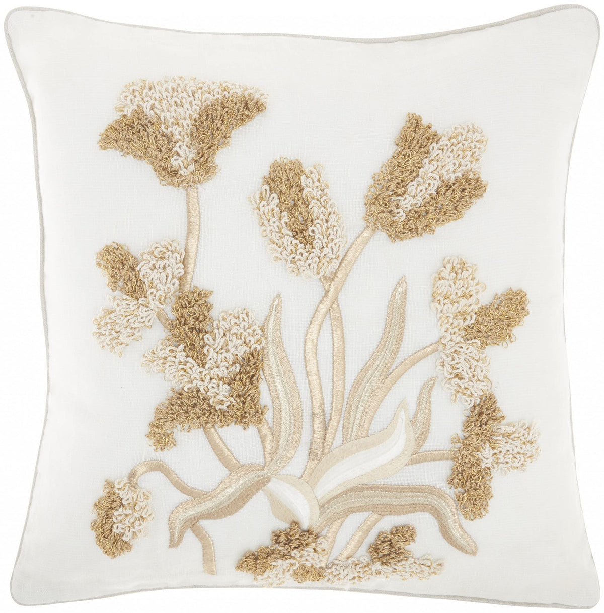 HomeRoots Rose Gold Linen Embroidered Floral Detail Throw Pillow