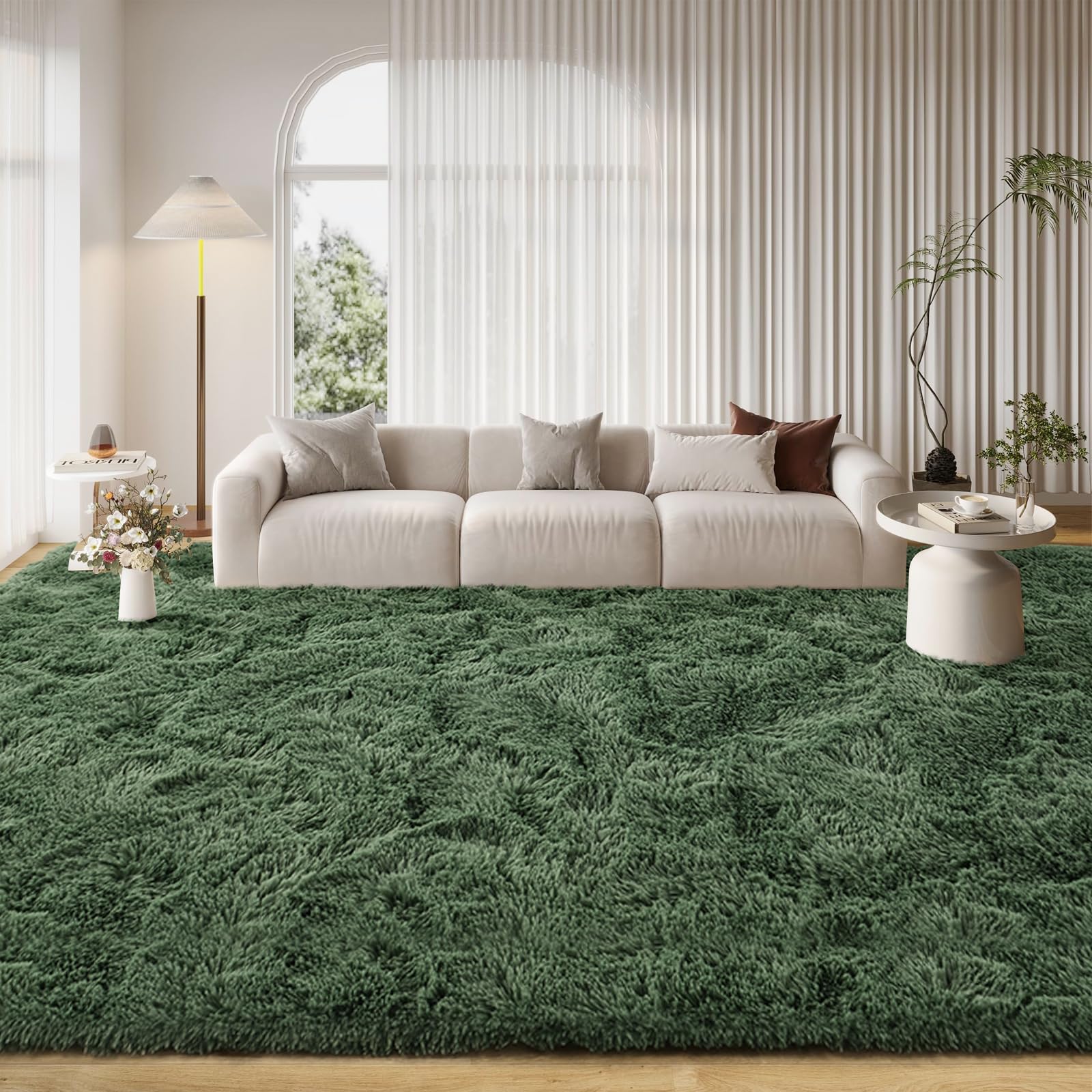 FinRec 9x12 Fluffy Green Rugs for Living Room Bedroom, Soft Indoor Fuzzy Shaggy Area Rug, Non-Slip Furry Rug for Teen Girls and