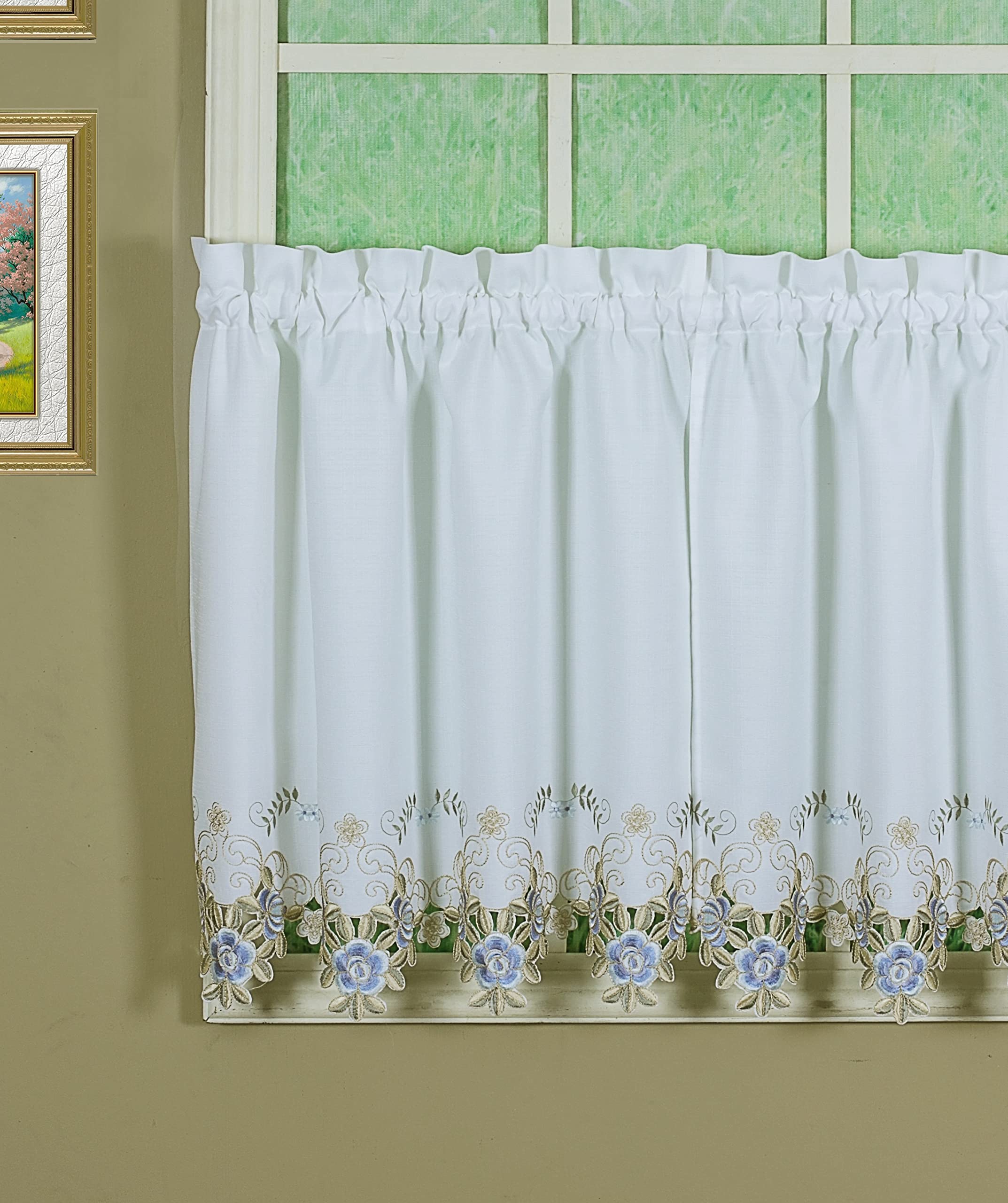 Today'S Curtain Verona Reverse Embroidery Tier, 30', White/Blue