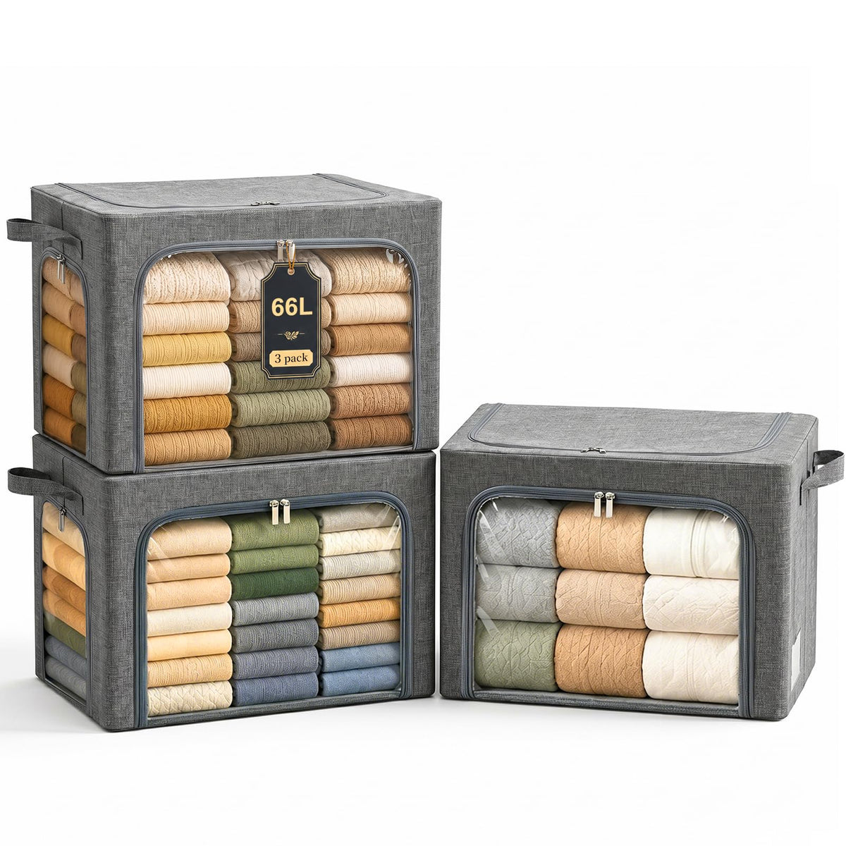 GoMaihe Clothes Storage Bins with Metal Frame for Blanket 3 Pack 66L Grey