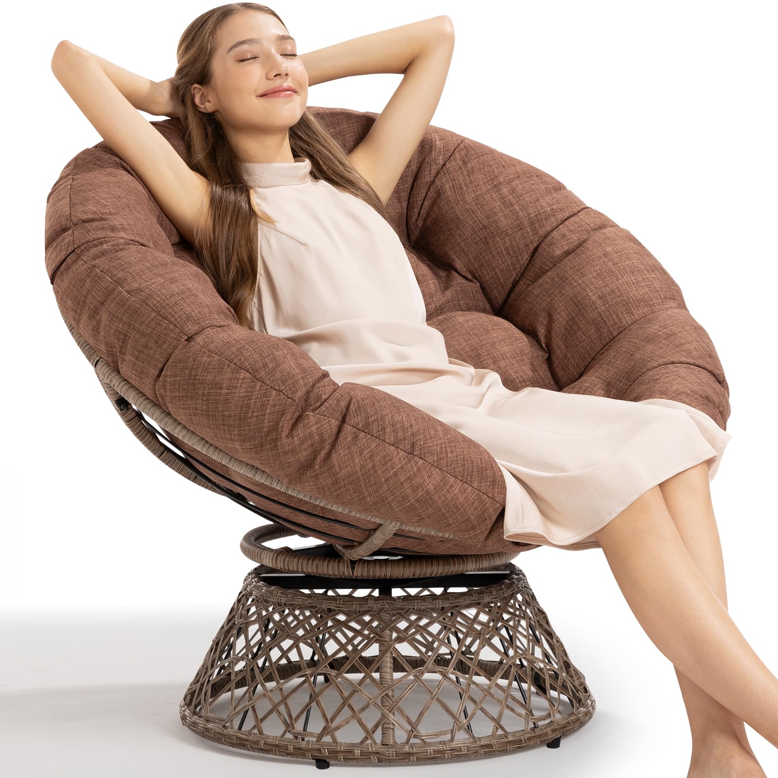 Bme 40' Ergonomic Wicker Papasan Chair With Soft Thick Cushion & Frame, 360 Swivel Papasan Chair, Circle Chair, Reading Chair,