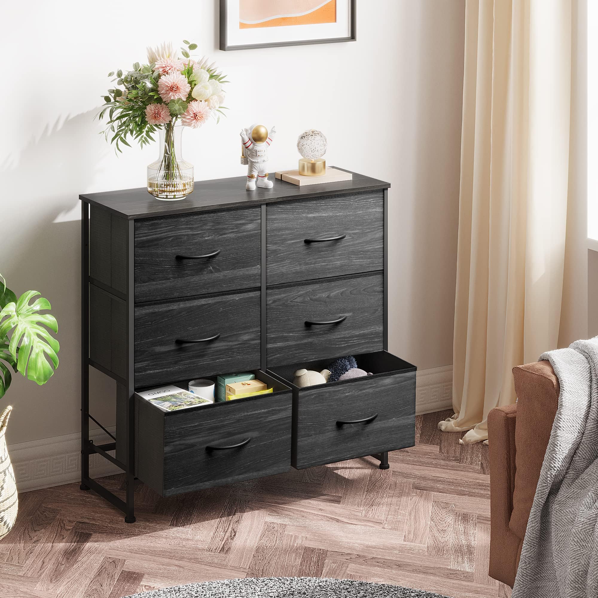 Wlive Black Dresser For Bedroom, 6 Drawer Double Dresser, Fabric Storage Tower With Fabric Bins, Chest Of Drawers For Closet, Living Room, Hallway