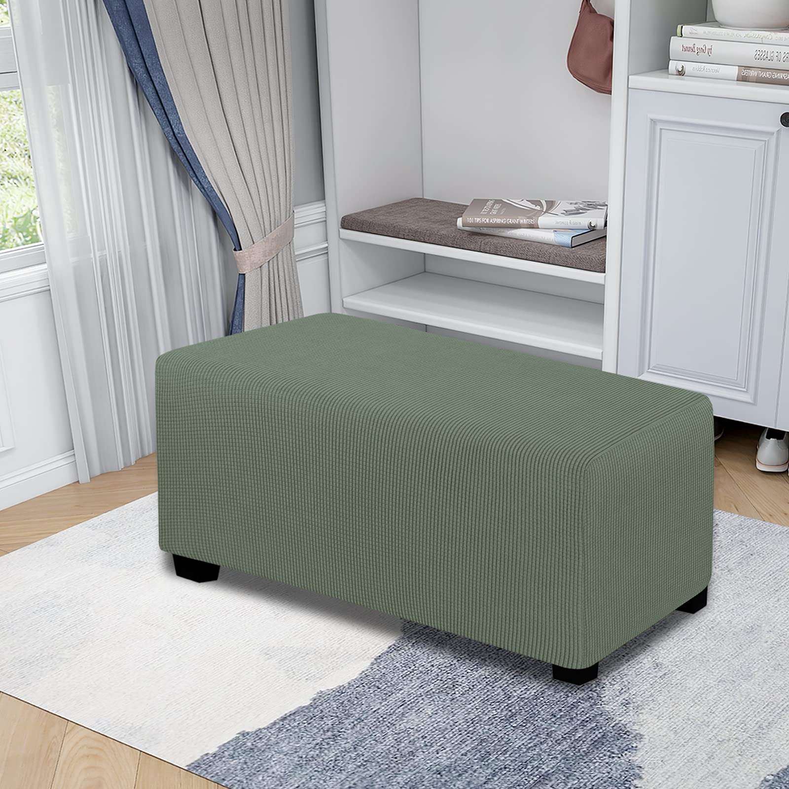 Easy-Going Stretch Ottoman Cover Folding Storage Stool Furniture Protector Soft Rectangle Slipcover With Elastic Bottom (Large, Grayish Green)