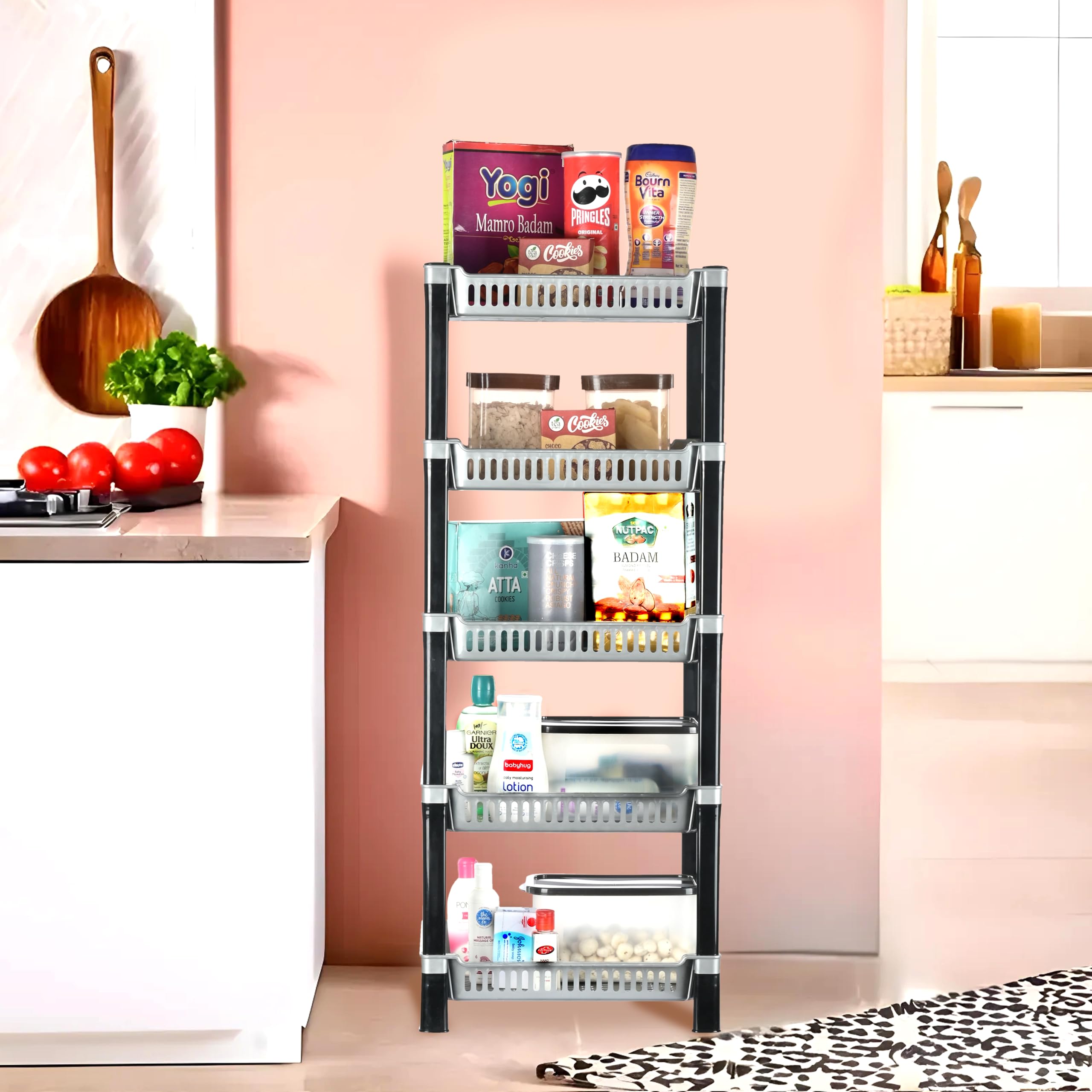 Kuber Industries Plastic Freestanding 5Layer Multipurpose Tiered Shelf Kitchen Organizer/Storage Rack|Onion Stand For Kitchen|V