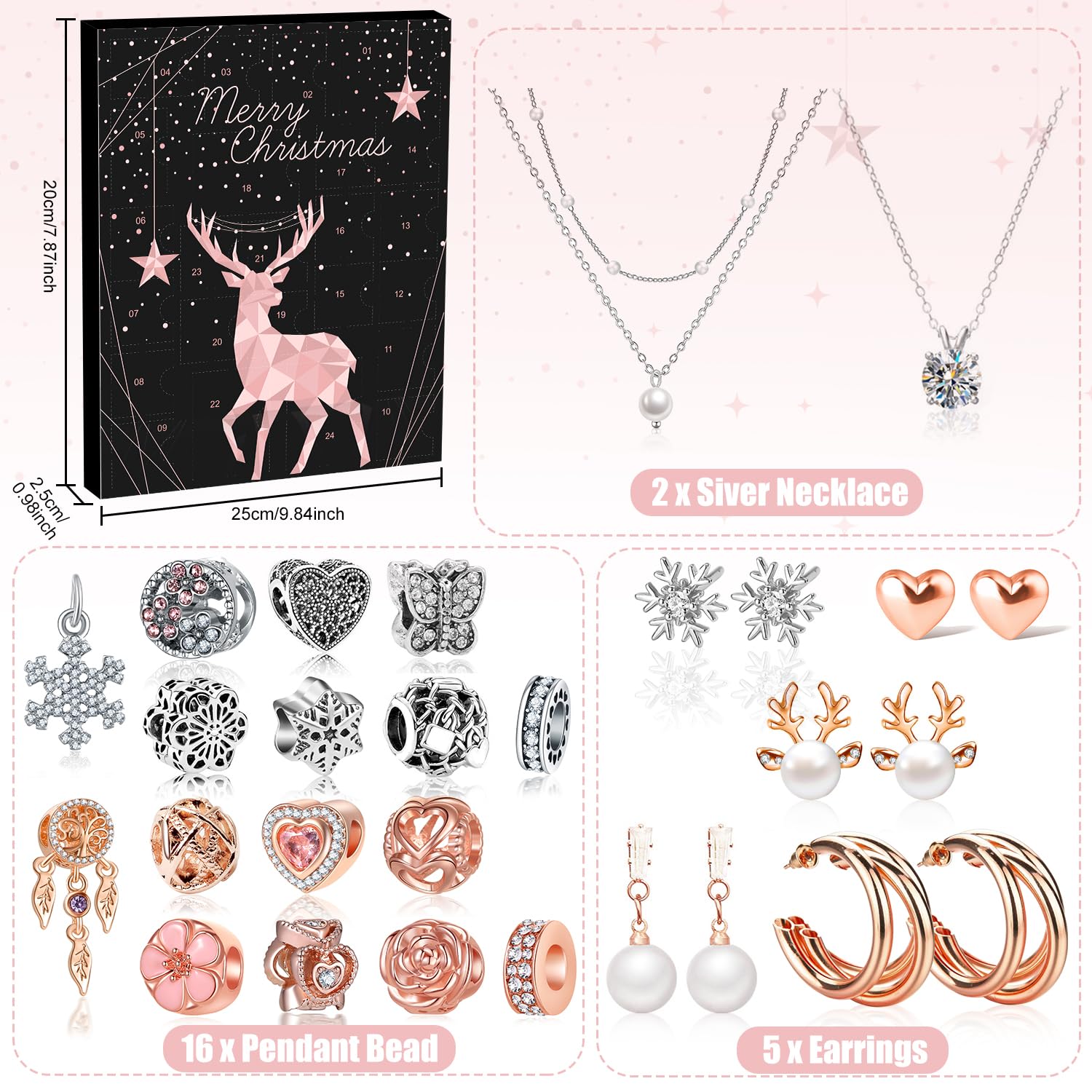 Jewelry Advent Calendar 2023 Teen Girls Women, Rose Gold And Silver Charm Bracelet Countdown Calendar And Fashion Jewerly Earrin