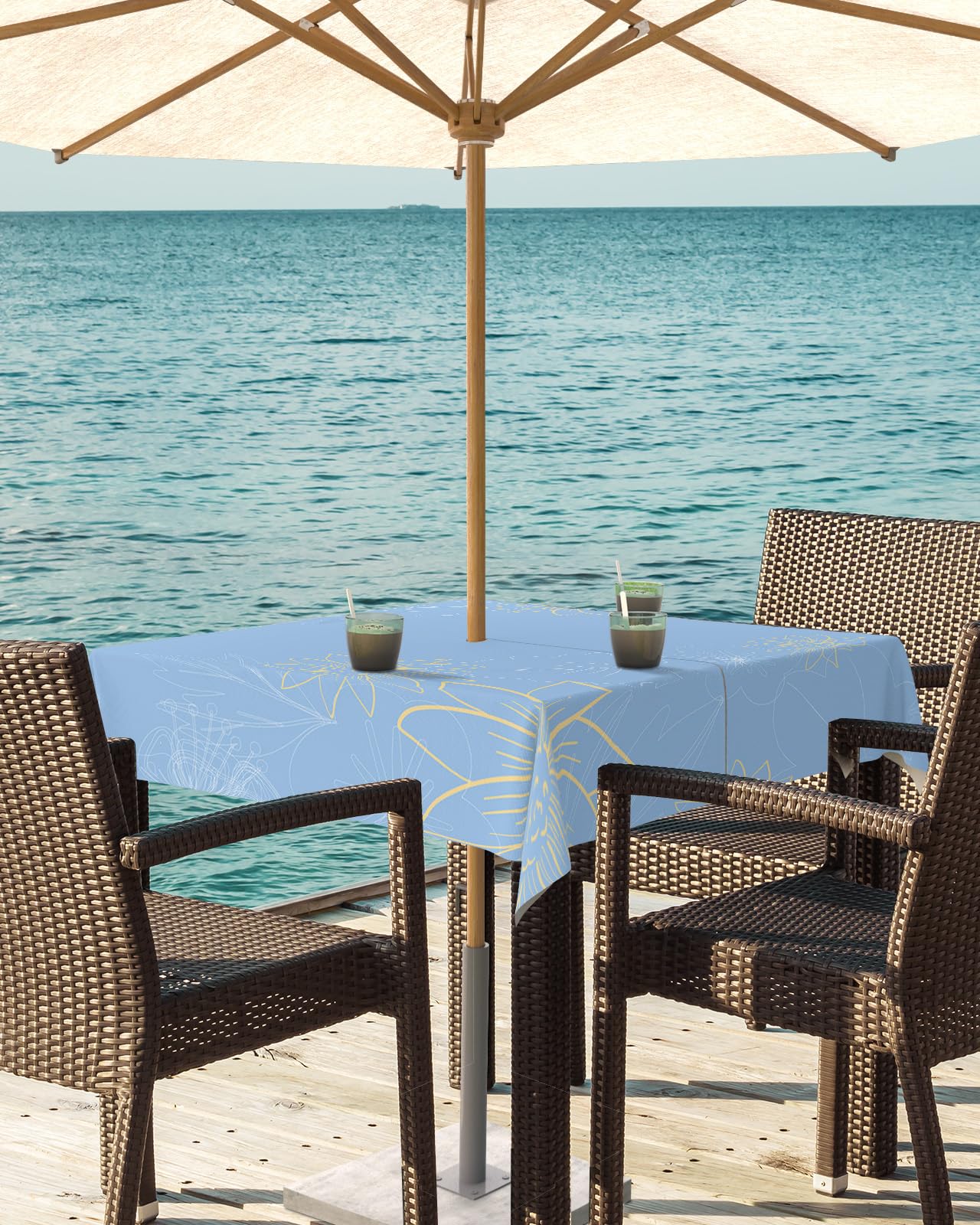 Queenker Outdoor Tablecloth With Umbrella Hole, Minimalist Lines Leaves Flowers Blue Square Tables Waterproof Tabletop Collectio