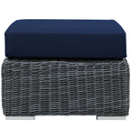 Modway Summon Wicker Rattan Outdoor Patio Sunbrella Square Ottoman in Canvas Navy