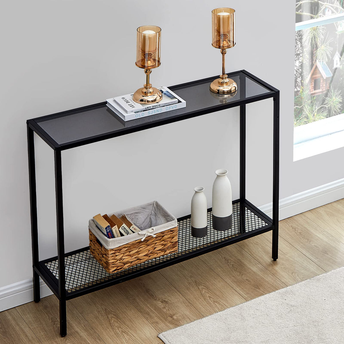 Saygoer Glass Console Table Small Entryway Table Narrow Sofa Table With Storage 2 Tier Accent Couch Table Hallway Table For Entry Way Living Bed Room Home Office Small Space, Gray Black