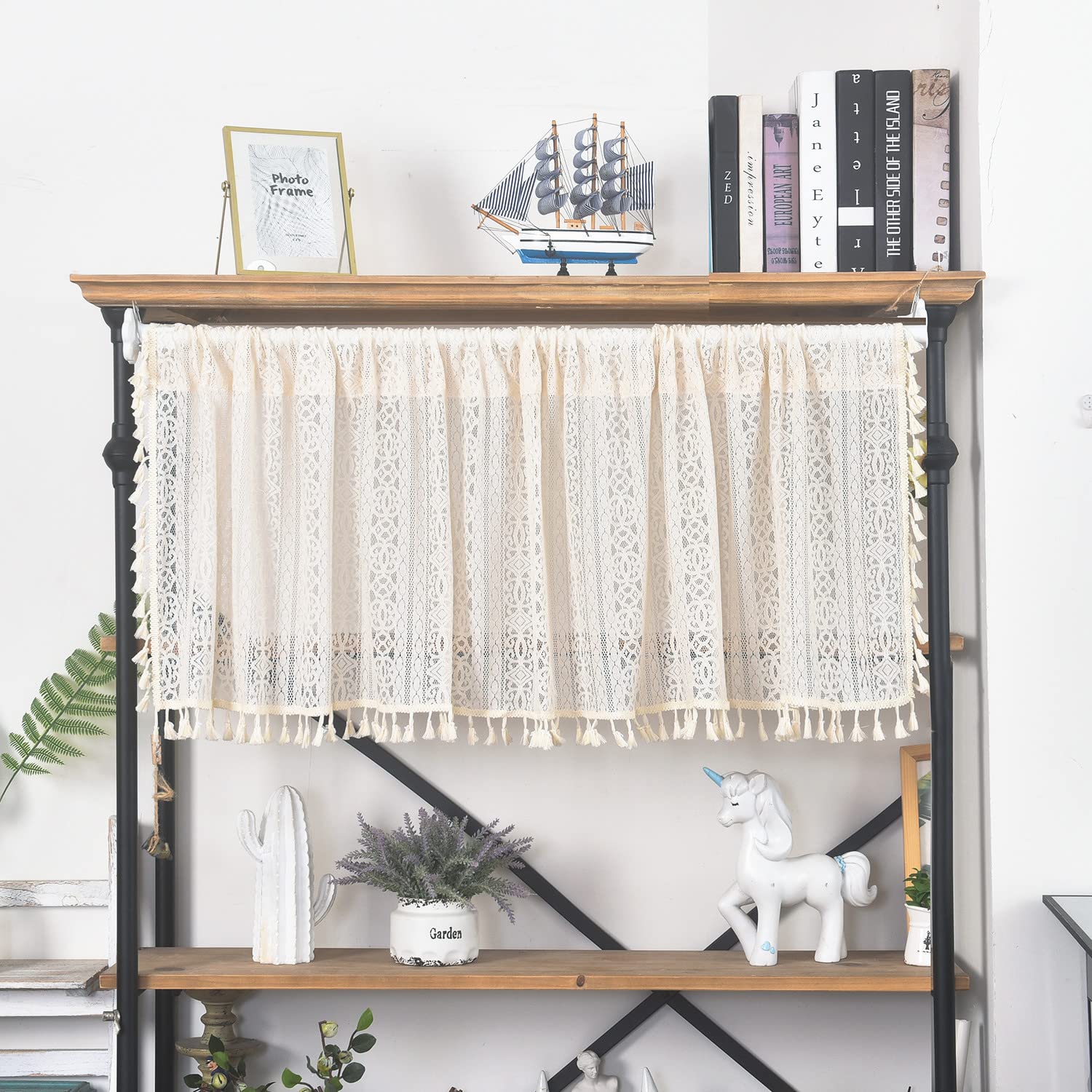 Sutuo Home Boho Sheer Curtain Valance Crochet Lace With Bohemian Hollow Knitted Handmade Tassels, Short Rustic Window Treatment