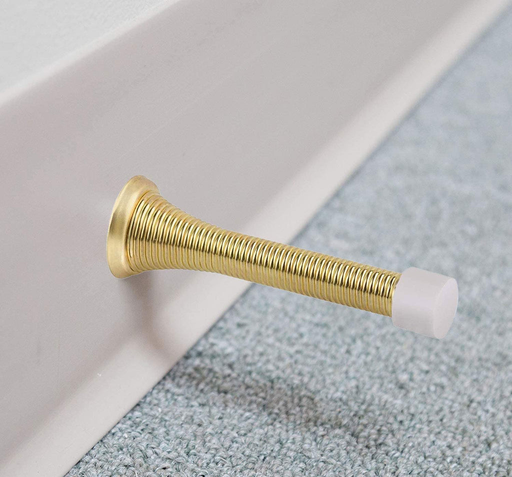 Kiseer 12 Pack Spring Door Stops 3 1/4' Flexible Heavy Duty Spring Door Stopper With Rustproof Screw Rubber Bumper Tips (Gold)