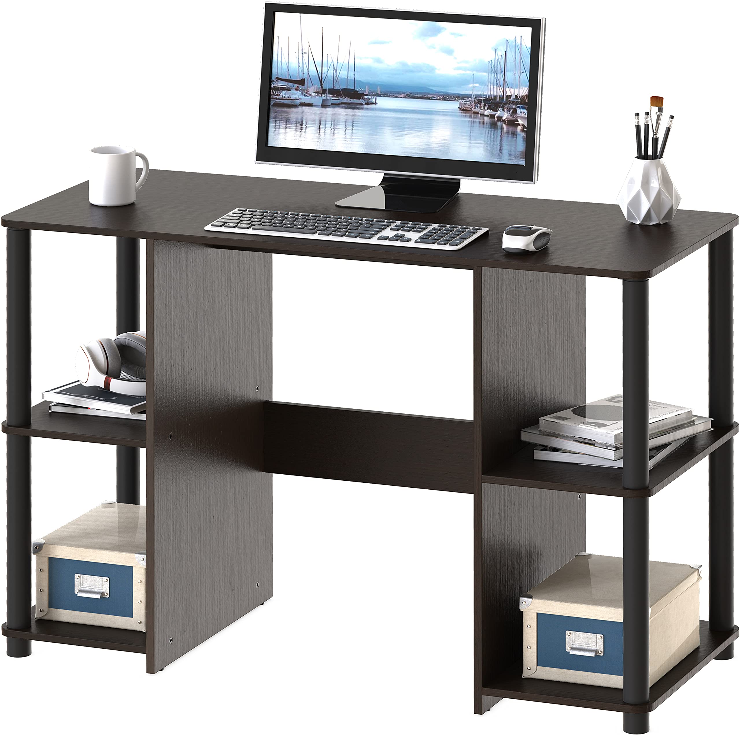 SHW 38-Inch Home Office Wood Desk with Double Sided Shelves, Espresso