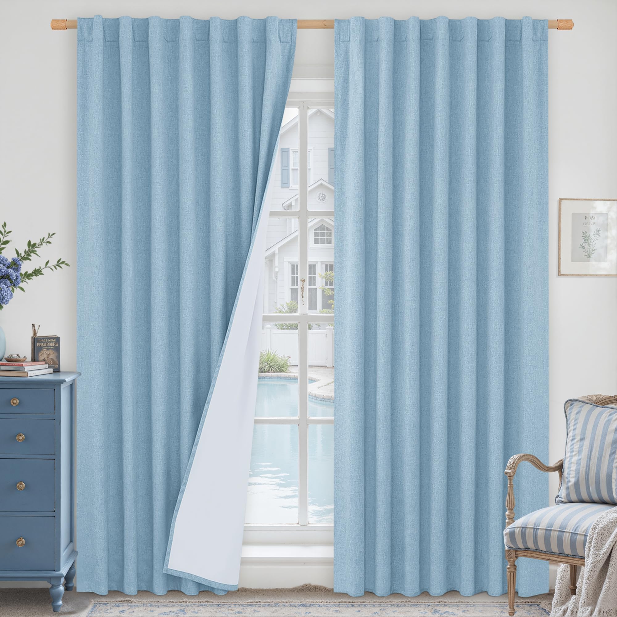 LAMIT Stone Blue 100% Blackout Linen Curtains, 84 Inch Linen Textured Living Room Farmhouse Curtains Room Darkening Back Tab and