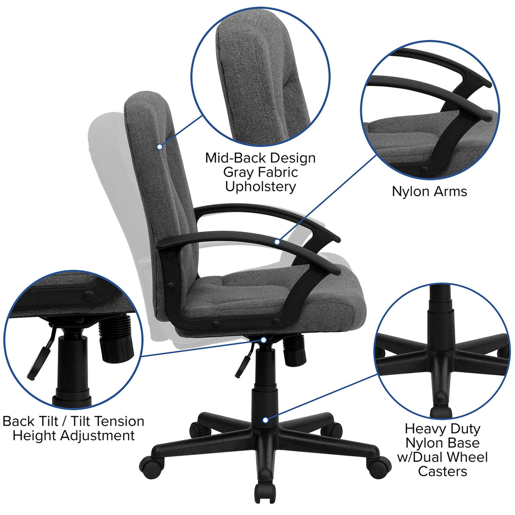 Flash Furniture Garver Mid-Back Gray Fabric Executive Swivel Office Chair with Nylon Arms