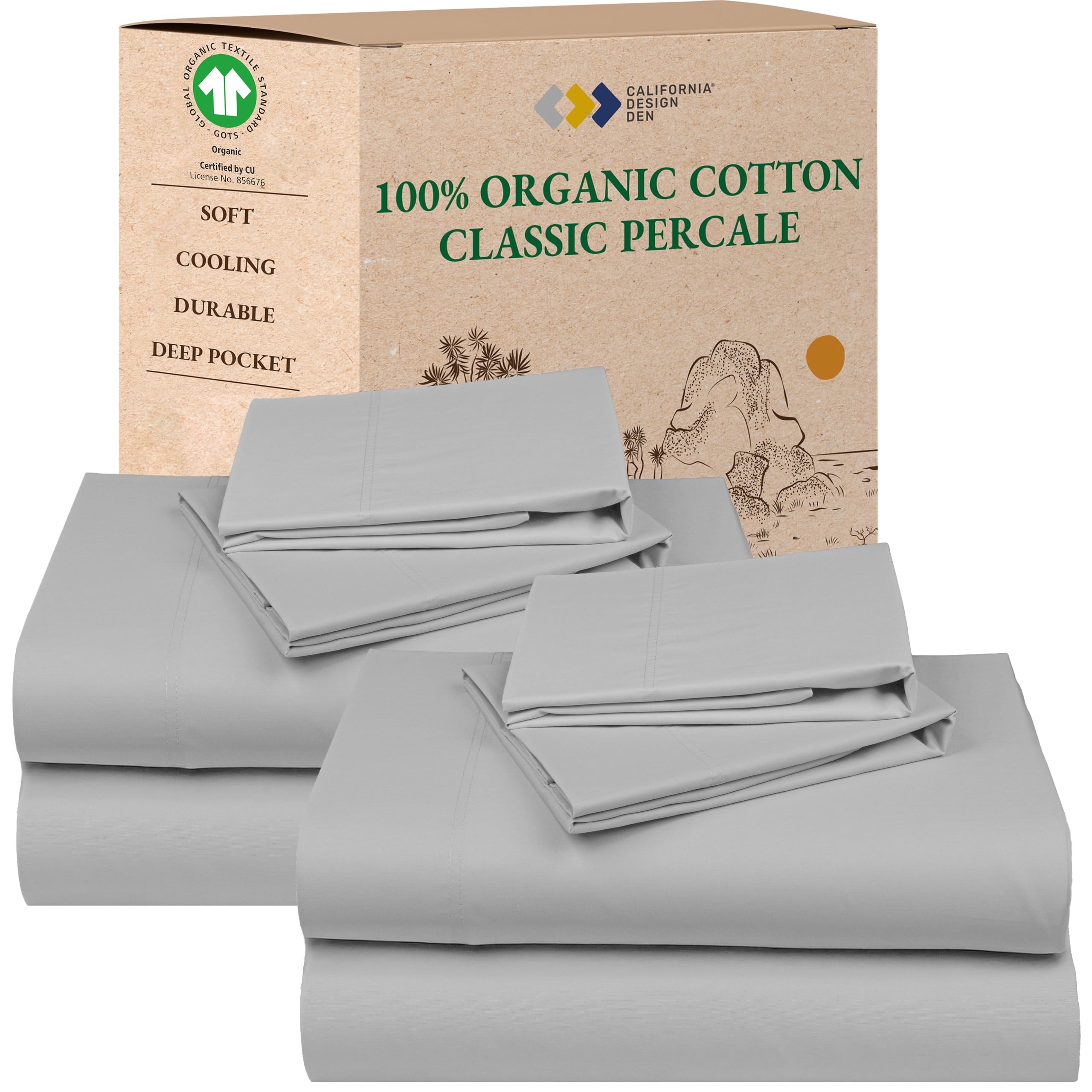 California Design Den 2-Pack 100% Organic Cotton Sheets Queen Size Set - Crisp and Breathable Percale, Deep Pocket Sheet Sets Qu
