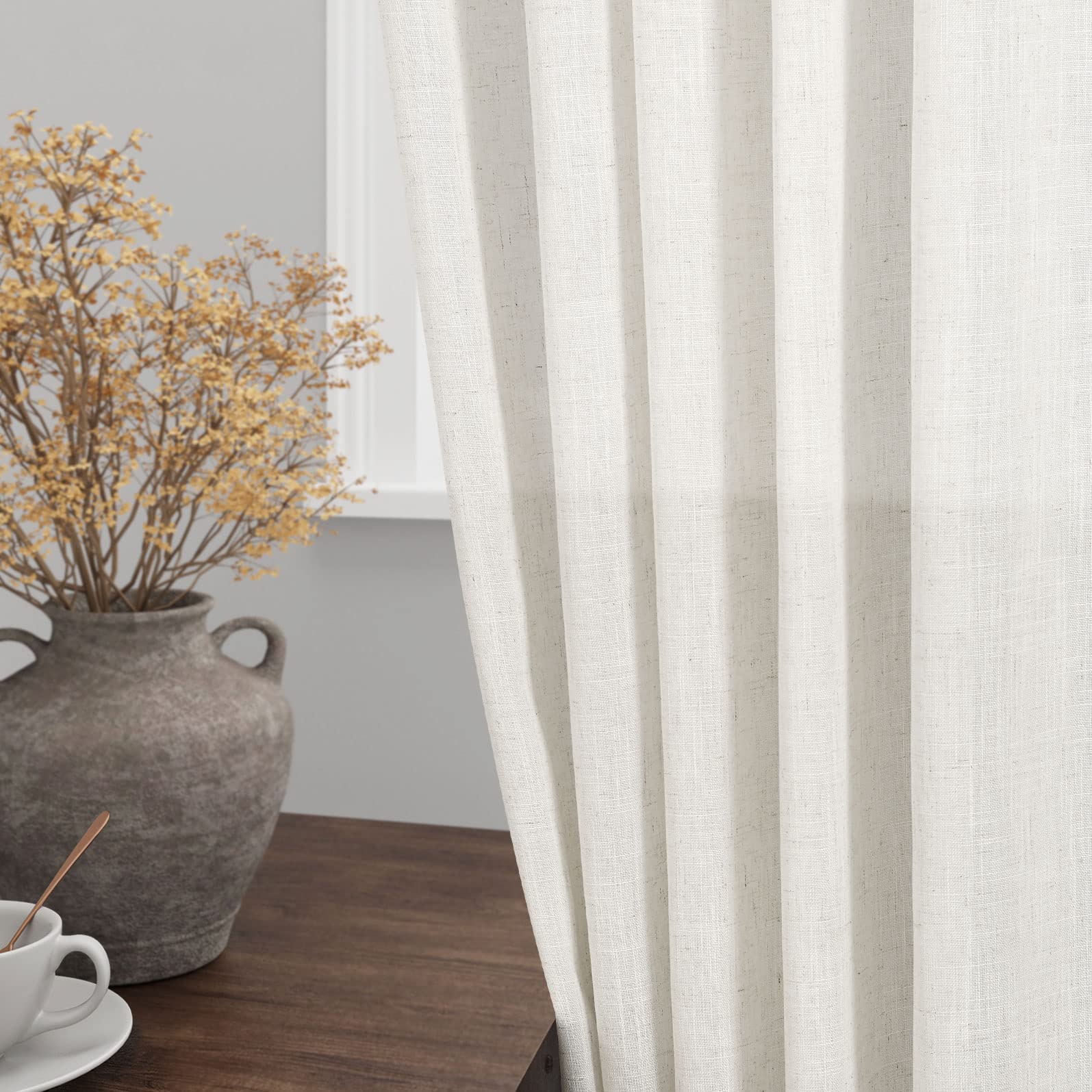 Nanspring Linen Cafe Curtains 30 Inch Length Light Filtering Semi Sheer Mini Curtains For Small Window Basement Bathroom Natural
